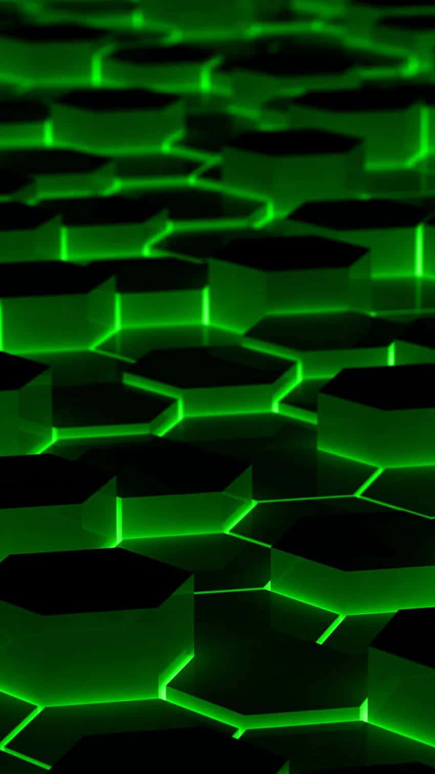 螢光綠美學 桌布 壁紙 — 一個由發光綠色六邊形和深色陰影組成的未來感圖案，營造出高科技數位表面。