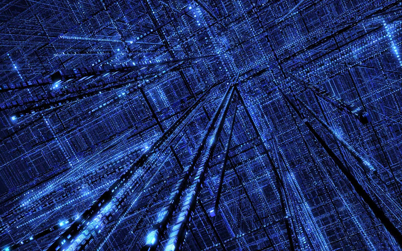grid 桌布 壁紙 — 一個由發光線條和點形成的迷人藍色數碼隧道，逐漸消失於消失點。