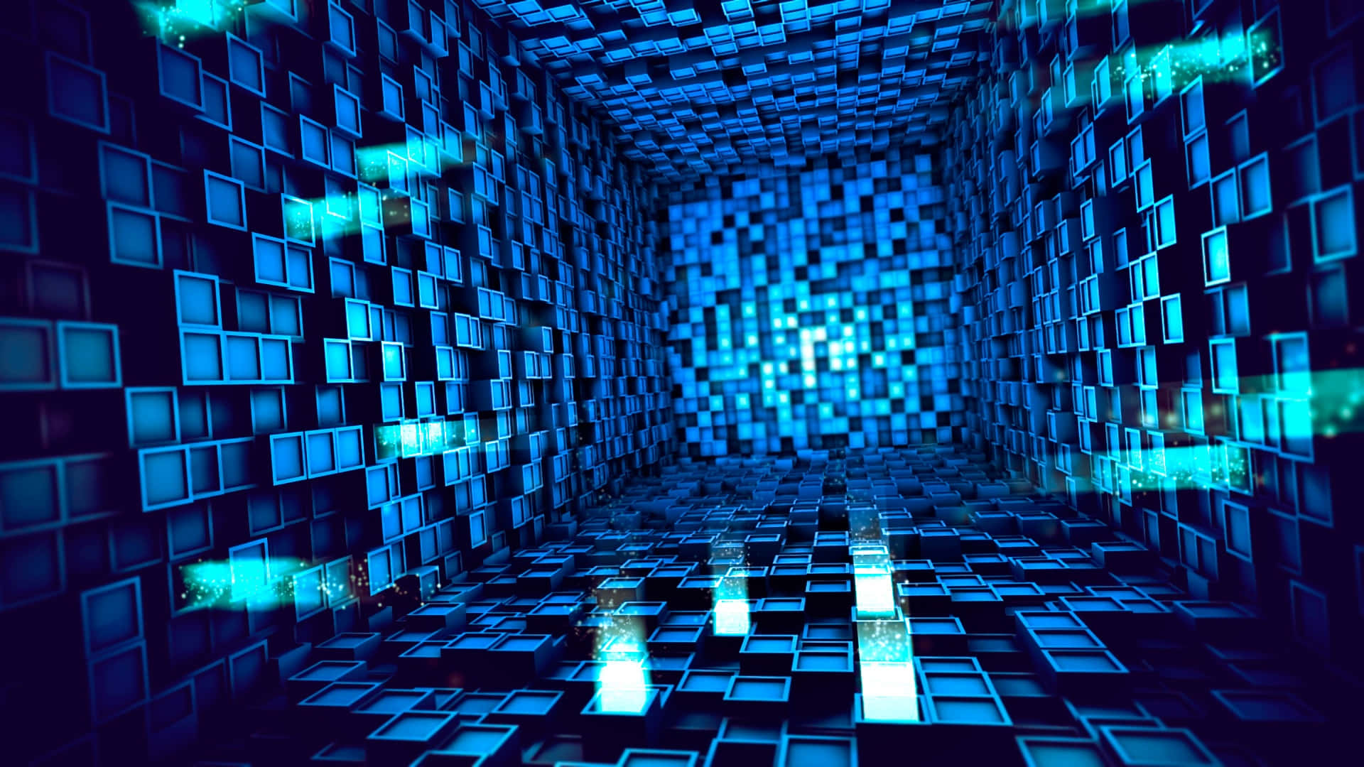3d Technology 桌布 壁紙 — 一個由發光藍色立方體組成的未來數碼隧道，逐漸退入像素化漩渦中。