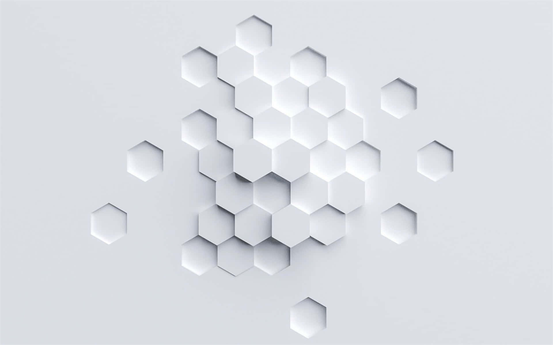 White HD 桌布 壁紙 — 一個由白色六邊形組成的極簡3D渲染集群，在淺灰色背景上帶有柔和陰影。