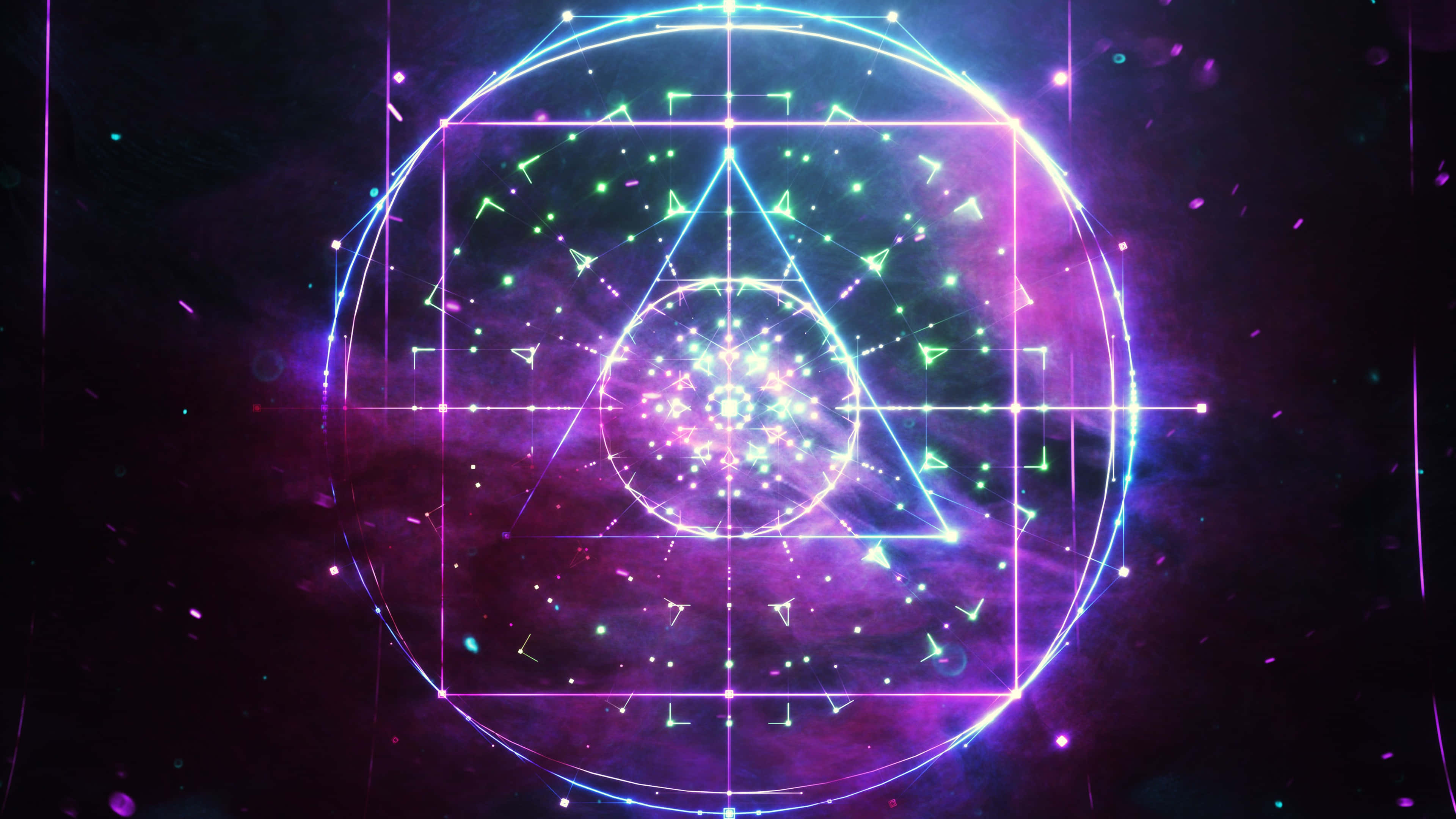 Visuals 桌布 壁紙 — 一個由相交三角形和圓形組成的發光幾何曼陀羅，在宇宙紫色和藍色星雲背景上閃爍著霓虹燈光。