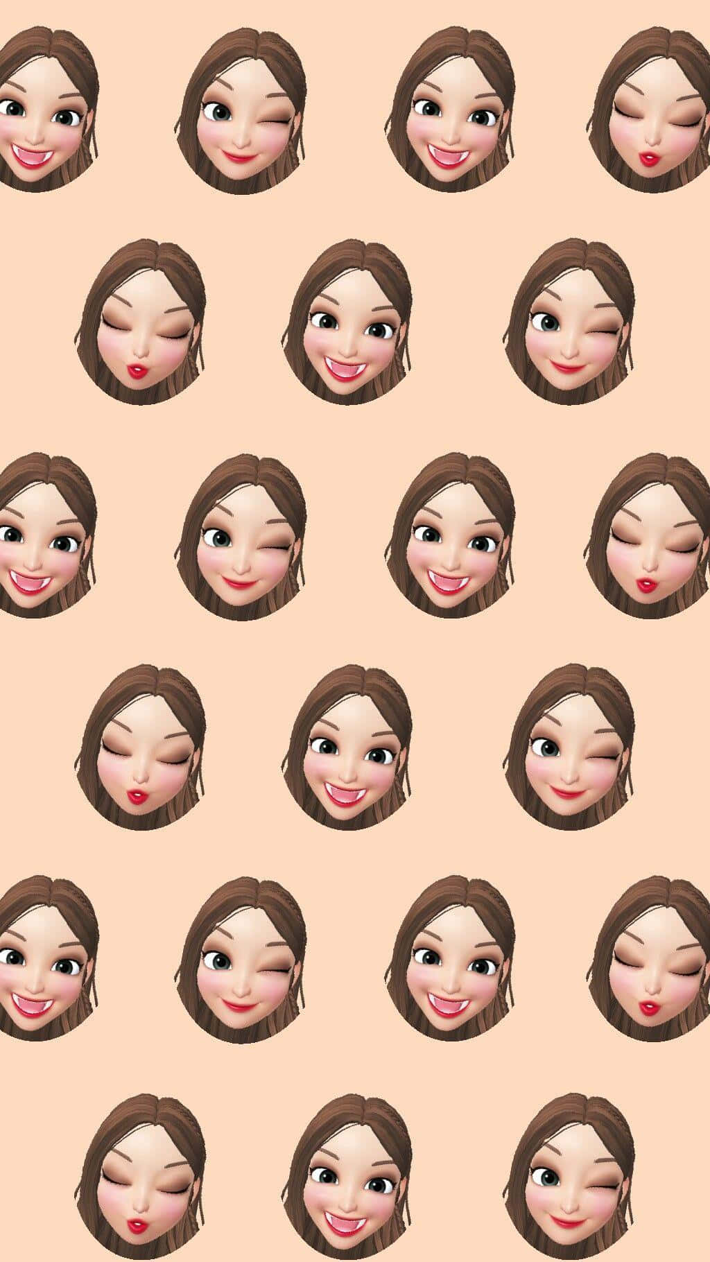 Zepeto 桌布 壁紙 — 一個由相同卡通女孩面孔組成的網格，在柔和的桃色背景上展示各種俏皮表情。