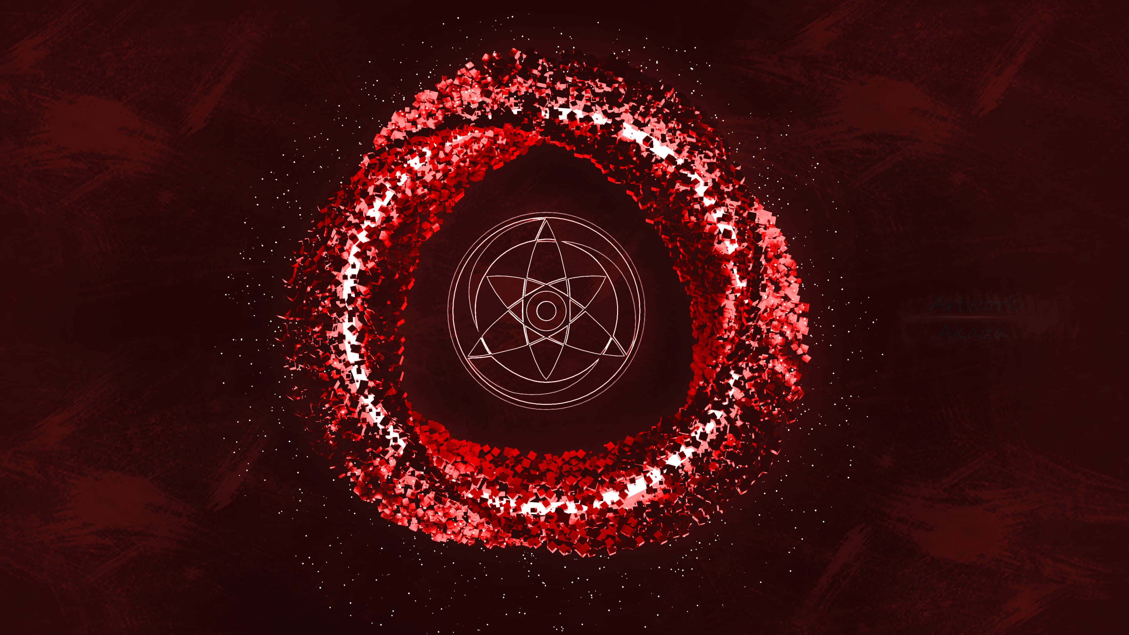 Mangekyou Sharingan 桌布 壁紙 — 一個由碎片粒子組成的發光紅色環圈，環繞著一個白色幾何符號，背景為深色紋理。