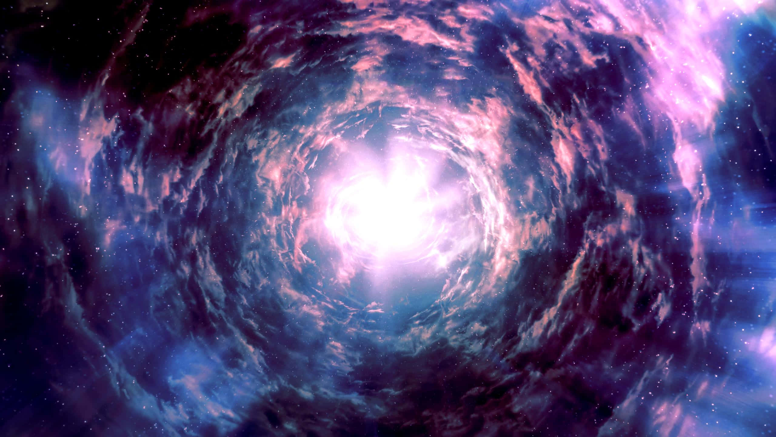 Sovngarde 桌布 壁紙 — 一個由粉紅色、紫色和藍色星雲組成的旋轉宇宙隧道，在深空中螺旋朝向一道耀眼的白光。