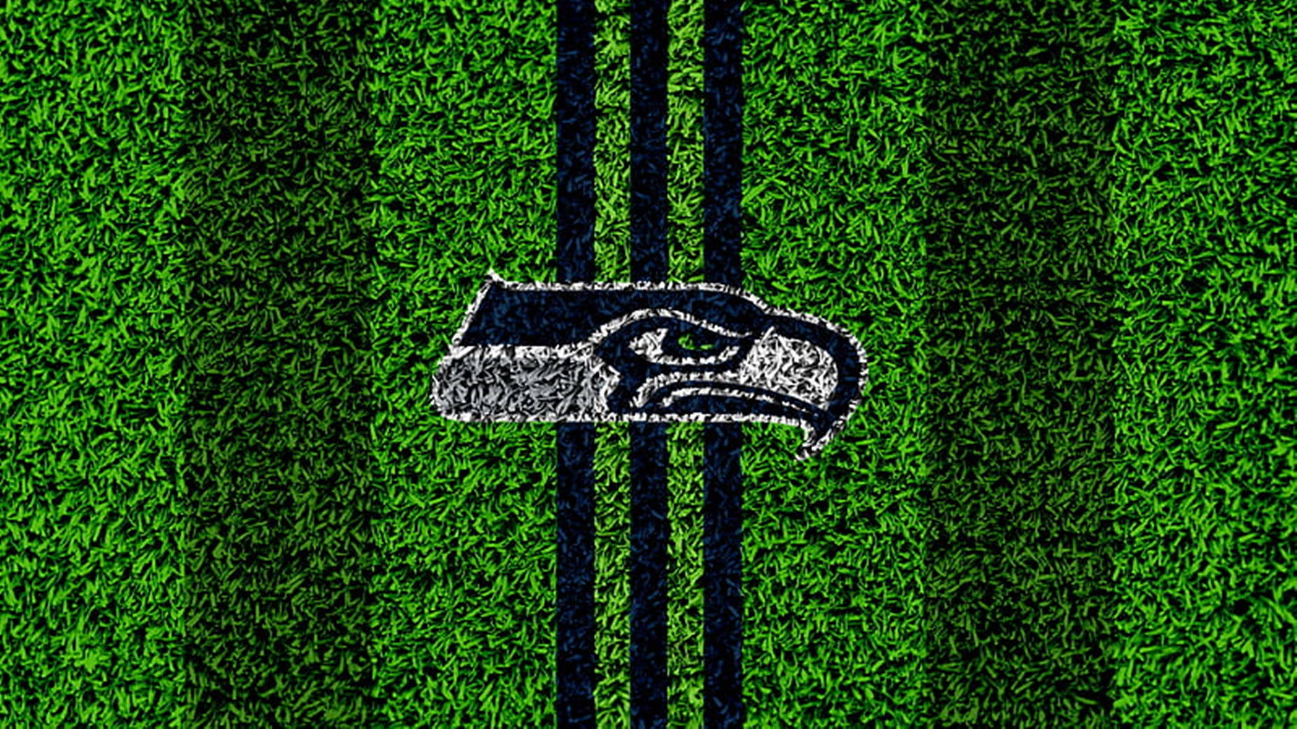 Seattle Seahawks 桌布 壁紙 — 一個由紋理綠色草地製成的西雅圖海鷹隊標誌，在充滿活力的場地上帶有粗體黑色條紋。