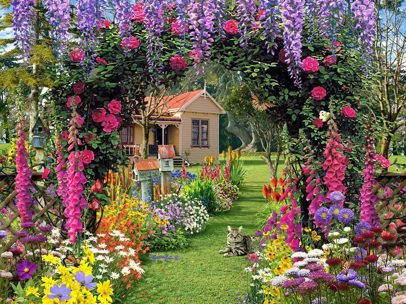 Cottage Garden 桌布 壁紙 — 一個由紫色紫藤和粉紅玫瑰組成的充滿活力的花園拱門，框住了一間古樸的小屋，一隻虎斑貓在草地上休息。