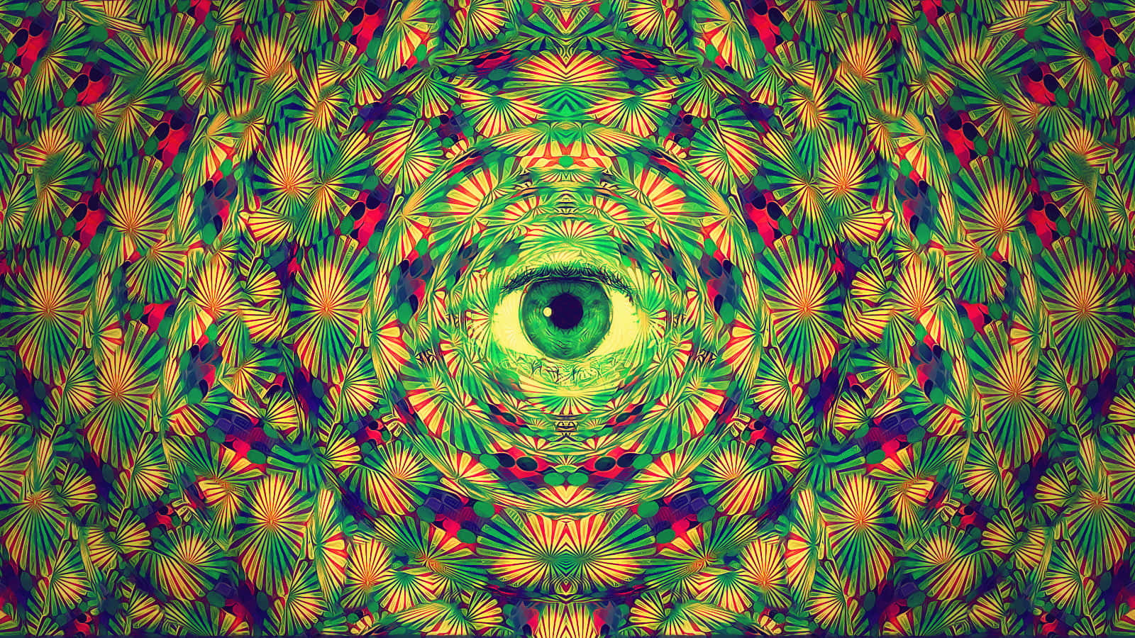 藝術 桌布 壁紙 — 一個由綠色、黃色和紅色扇形組成的迷幻萬花筒，匯聚成一個催眠般的中央眼睛。