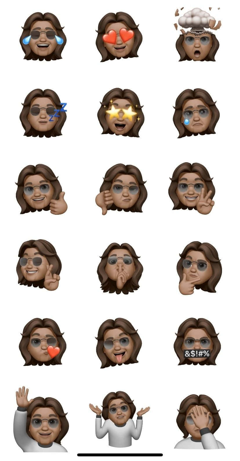 Animojis 桌布 壁紙 — 一個由表情豐富的 emoji 面孔組成的網格，這些面孔有棕色頭髮和眼鏡，展示各種情緒和手勢。
