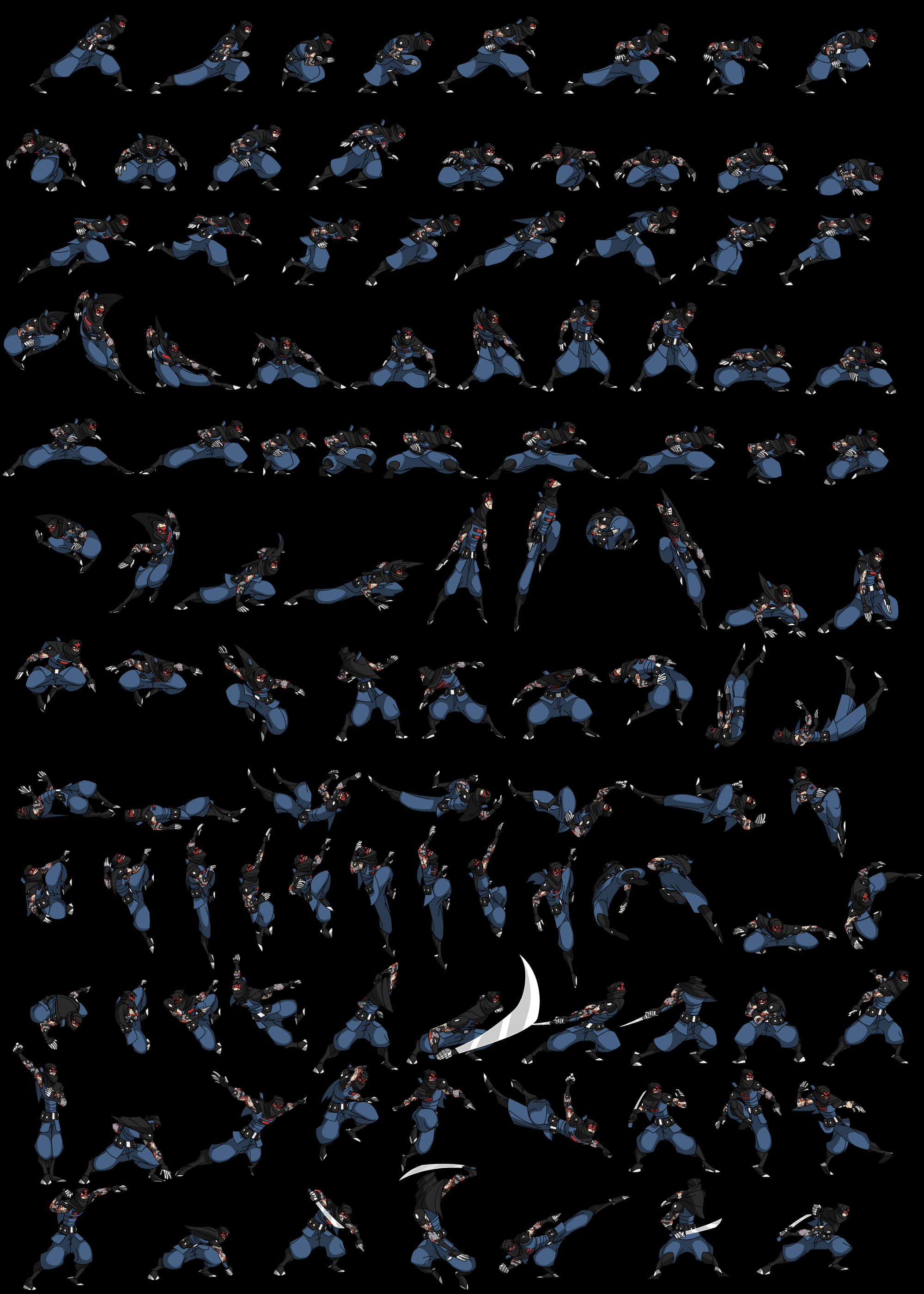 Game Animation 桌布 壁紙 — 一個由身穿藍色戰衣的相同戰士精靈組成的網格，在黑色背景上擺出各種戰鬥姿勢。