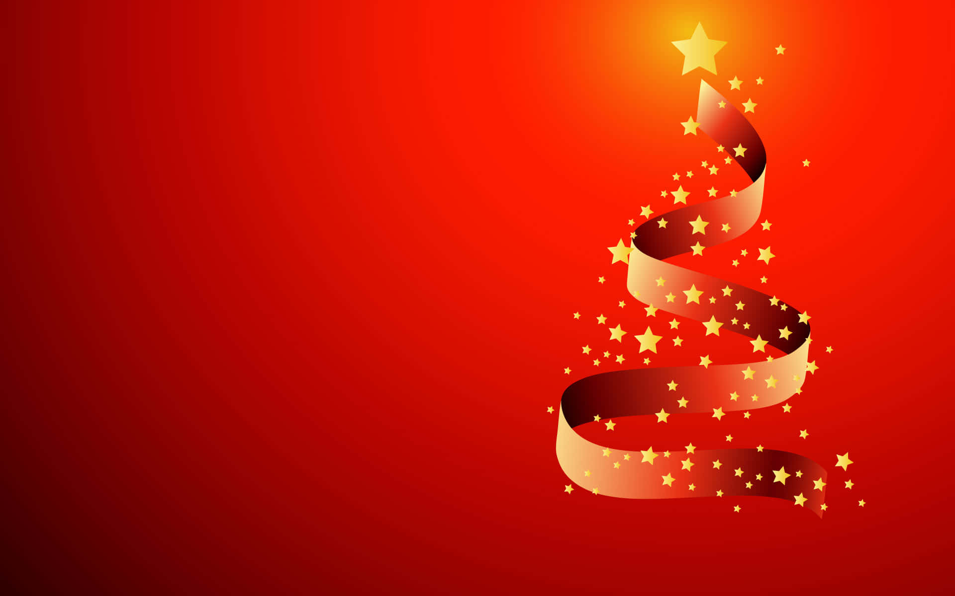Red Aesthetic Christmas 桌布 壁紙 — 一個由金色絲帶裝飾星星組成的風格化聖誕樹，背景為鮮豔的紅色漸變。