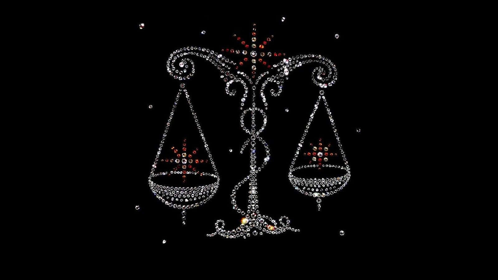 libra 桌布 壁紙 — 一個由閃爍點點和紅色點綴組成的閃亮銀色正義天秤，漂浮在黑色背景上。