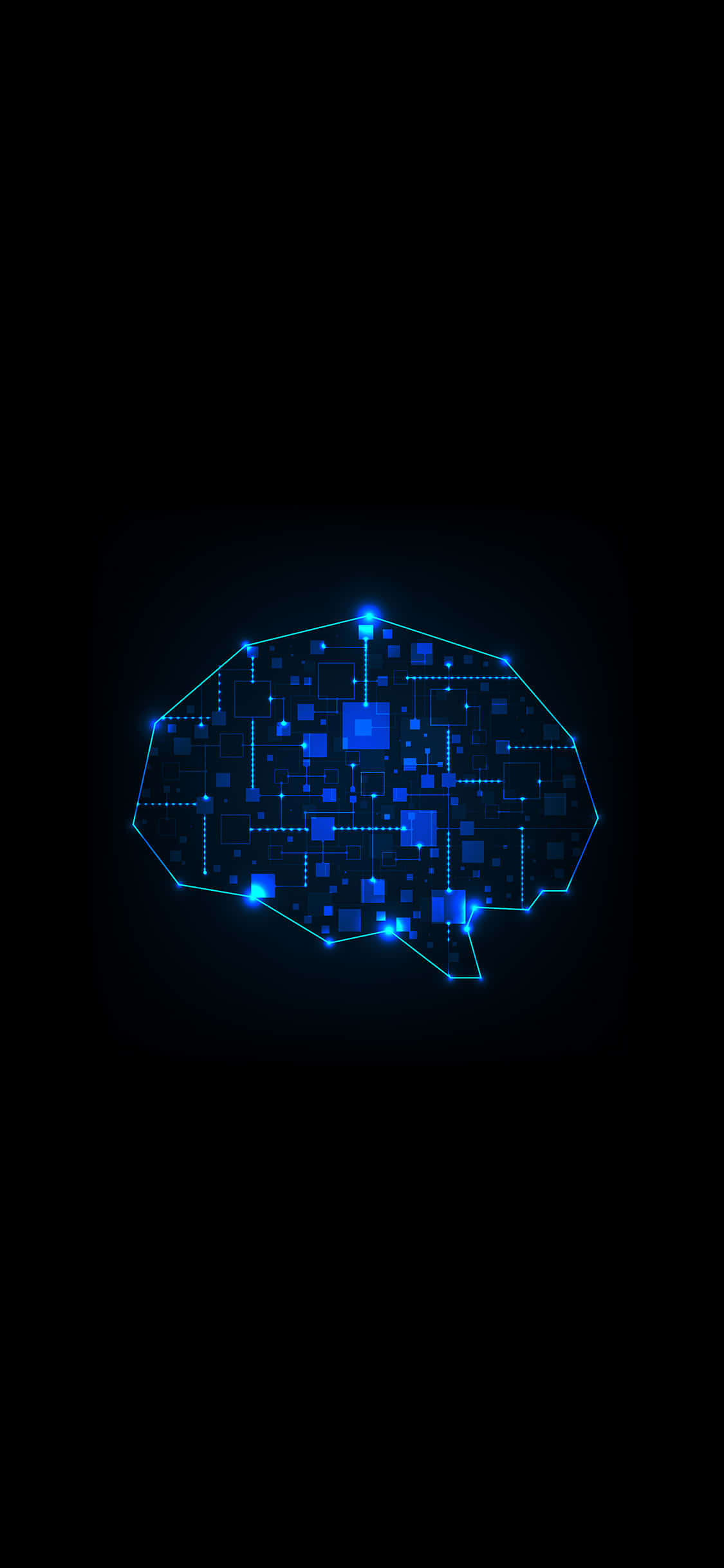 artificial intelligence 桌布 壁紙 — 一個由電路和像素組成的發光藍色數位大腦輪廓，背景為黑色。