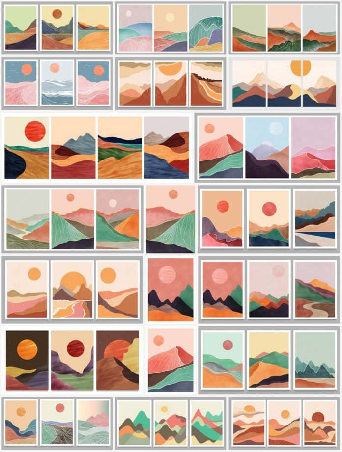 Minimalist Painting 桌布 壁紙 — 一個由風格化的抽象山景組成的網格，採用柔和的粉彩顏色和太陽圖案，置於簡約框架中。