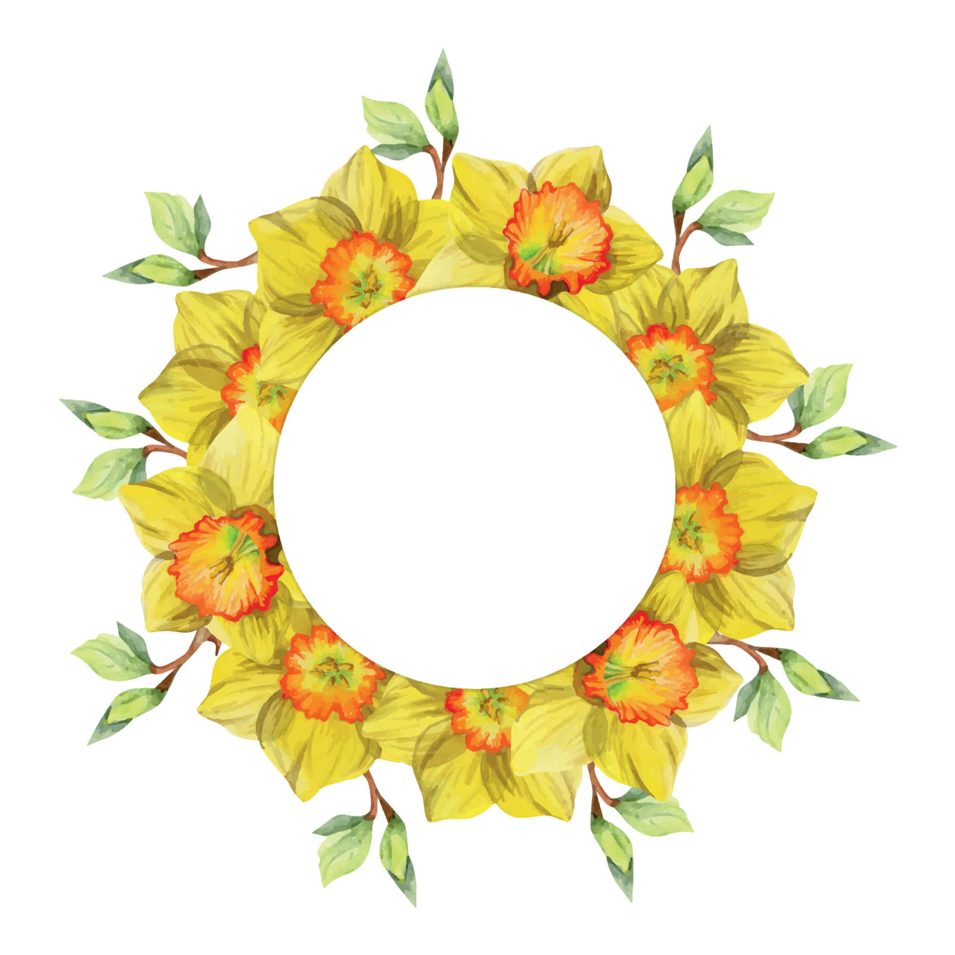 Floral Wreath 桌布 壁紙 — 一個由鮮黃色水仙花、橙色花心和綠色葉子組成的圓形花環，圍繞著一個空白的白色圓圈。