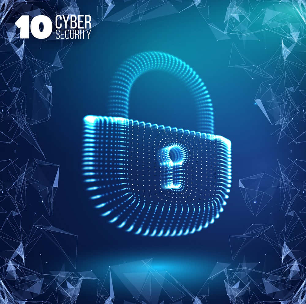Cybersecurity 桌布 壁紙 — 一個由點和線組成的發光藍色數碼掛鎖，漂浮在帶有抽象幾何形狀的深藍色背景上。