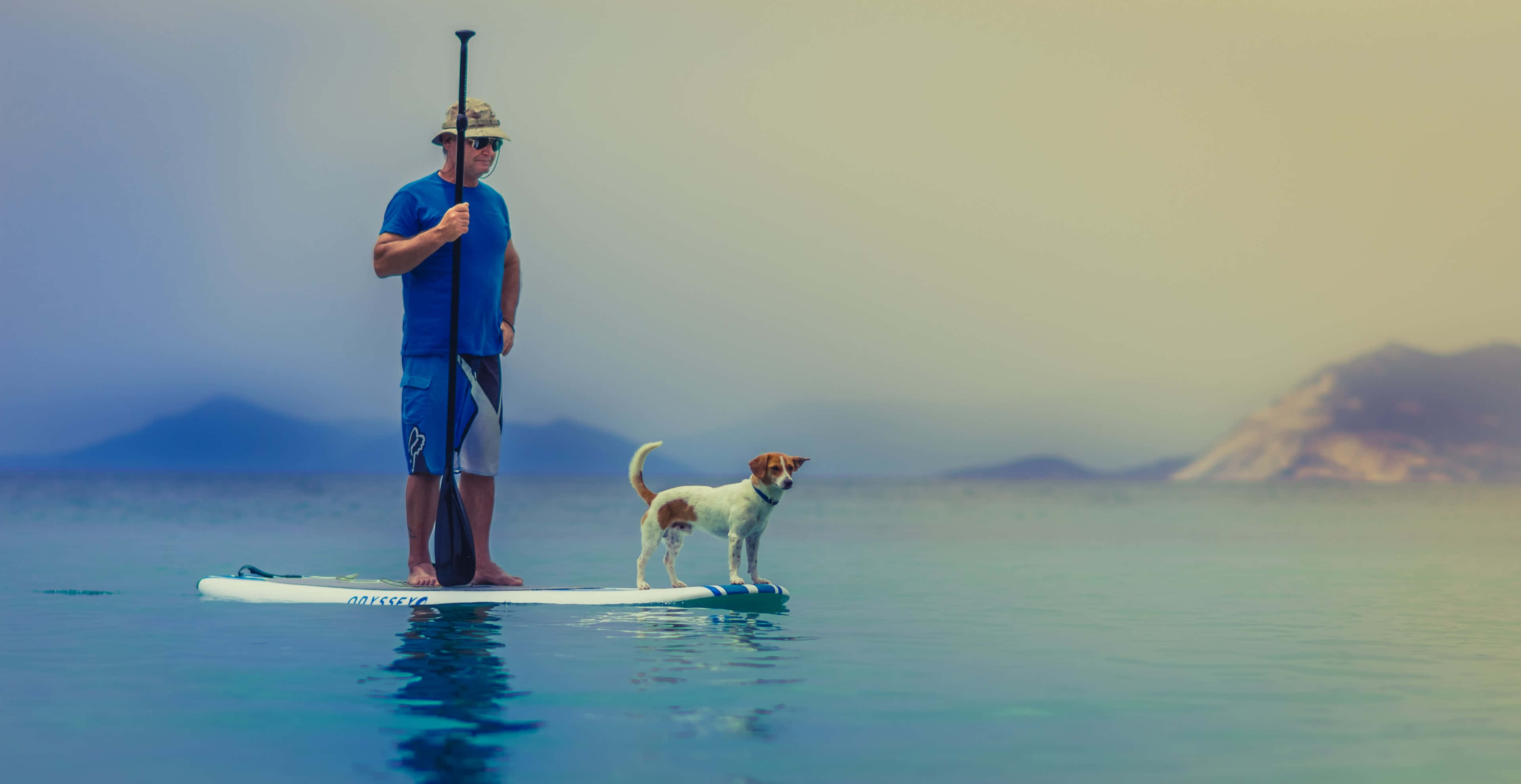 Paddleboarding 桌布 壁紙 — 一個男人和他的狗平靜地站在槳板上，在玻璃般清澈的碧綠水面上，遠處有朦朧的山巒。