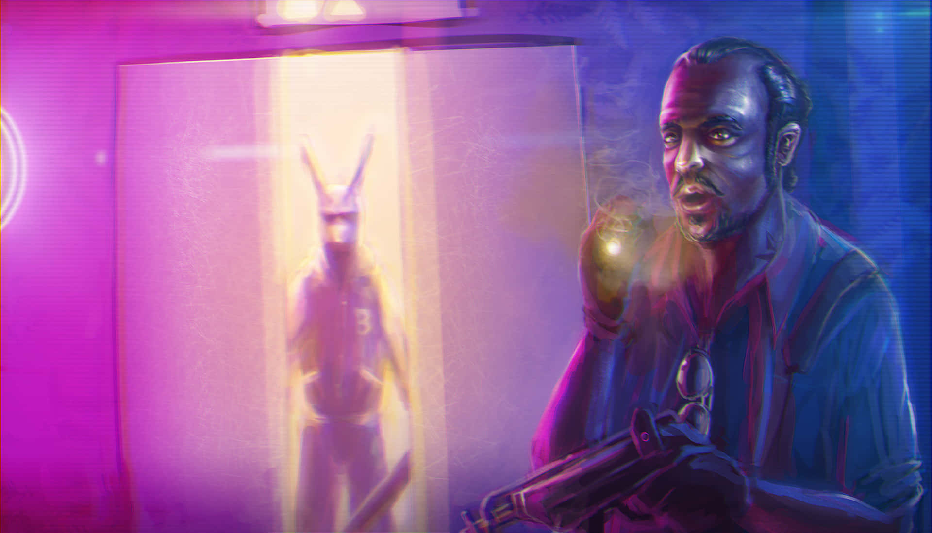 Hotline Miami 桌布 壁紙 — 一個男人在昏暗的房間裏抽煙，手持武器，身後有一個發光的兔頭人物。