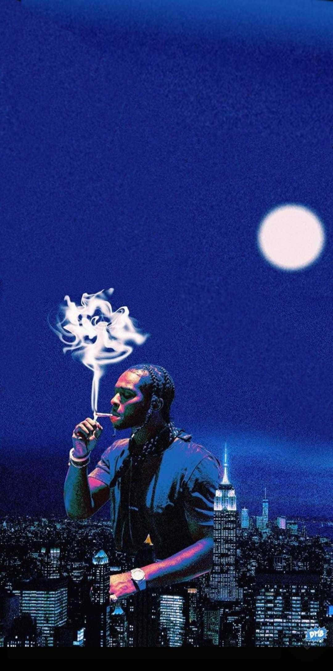 Pop Smoke 桌布 壁紙 — 一個男人在滿月下，對著霓虹燈照亮的紐約天際線抽煙，月光投下深藍色的陰影。