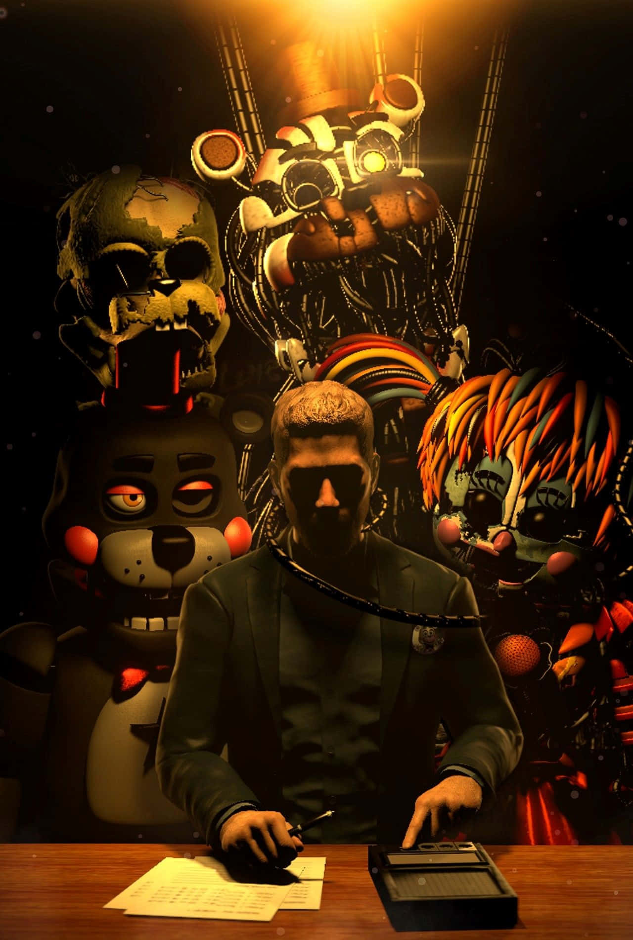 Scrap Baby 桌布 壁紙 — 一個男人坐在書桌前，在溫暖的燈光下，被黑暗房間中威脅性的電子動畫角色包圍。