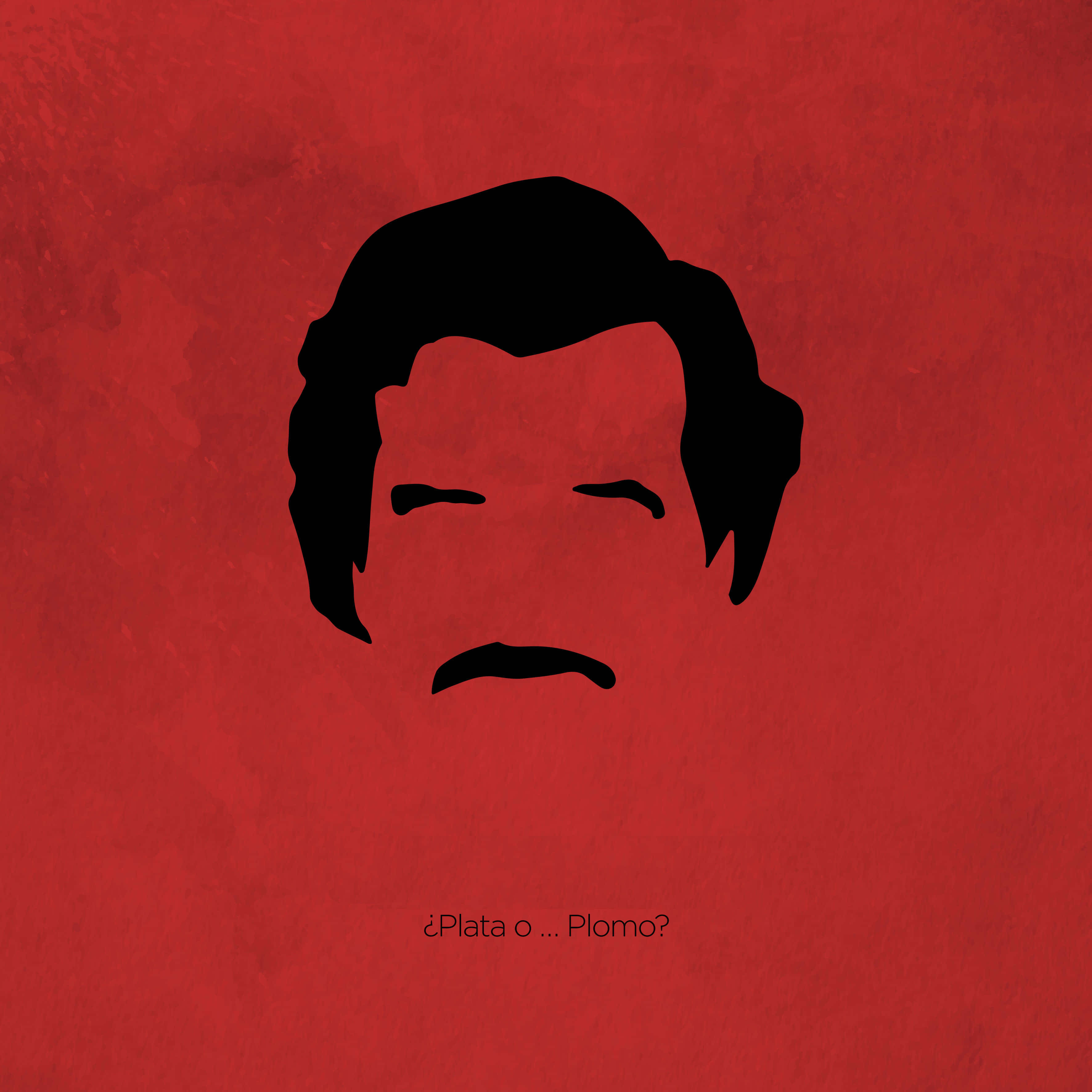 Pablo Escobar 桌布 壁紙 — 一個男人留鬍鬚的臉部鮮明黑色剪影，置於有紋理的紅色背景上，下方有文字。