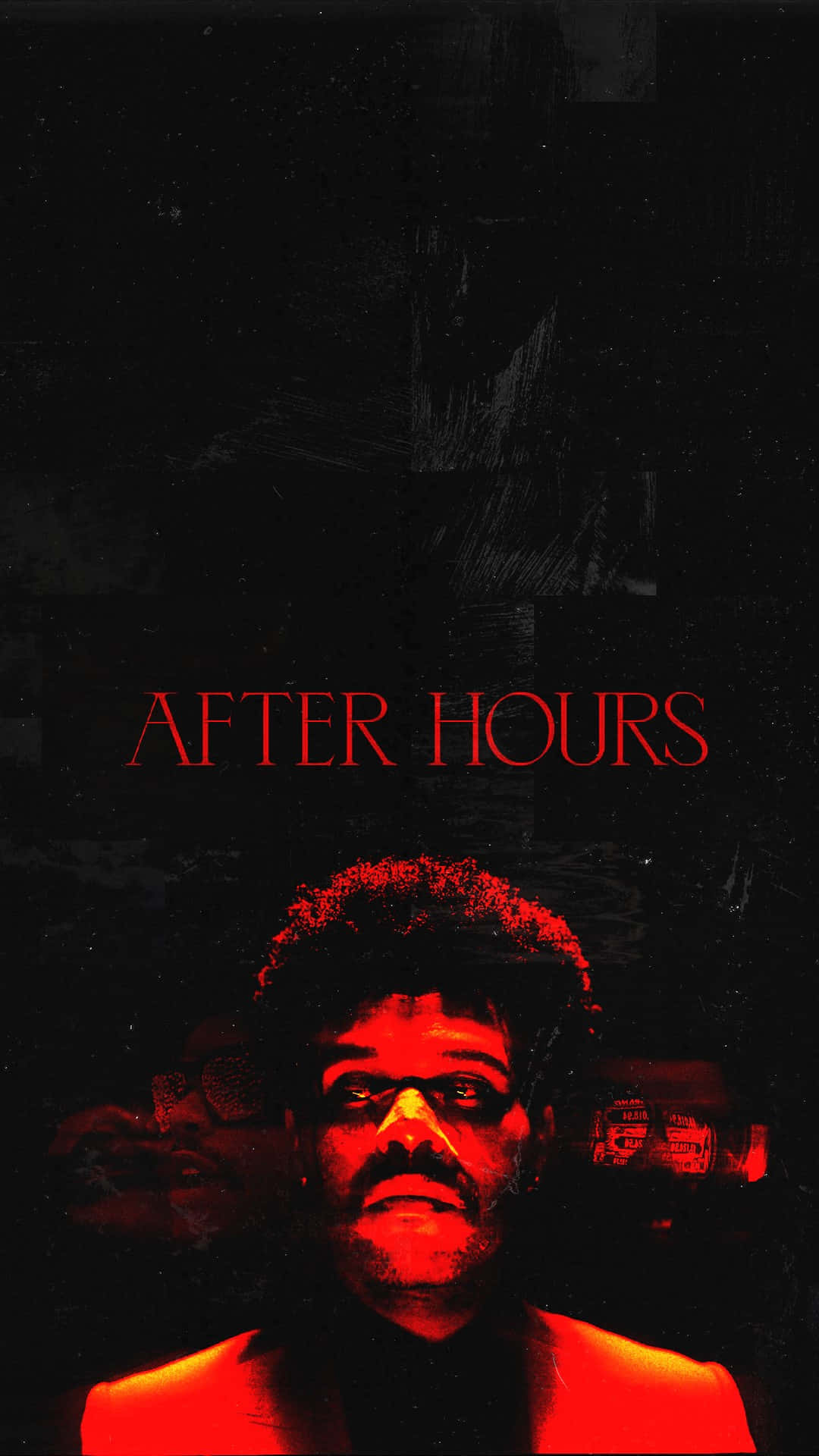 The Weeknd After Hours 桌布 壁紙 — 一個男人的臉在紅色燈光下照亮，背景是深色有紋理的，上方有發光的文字「AFTER HOURS」。