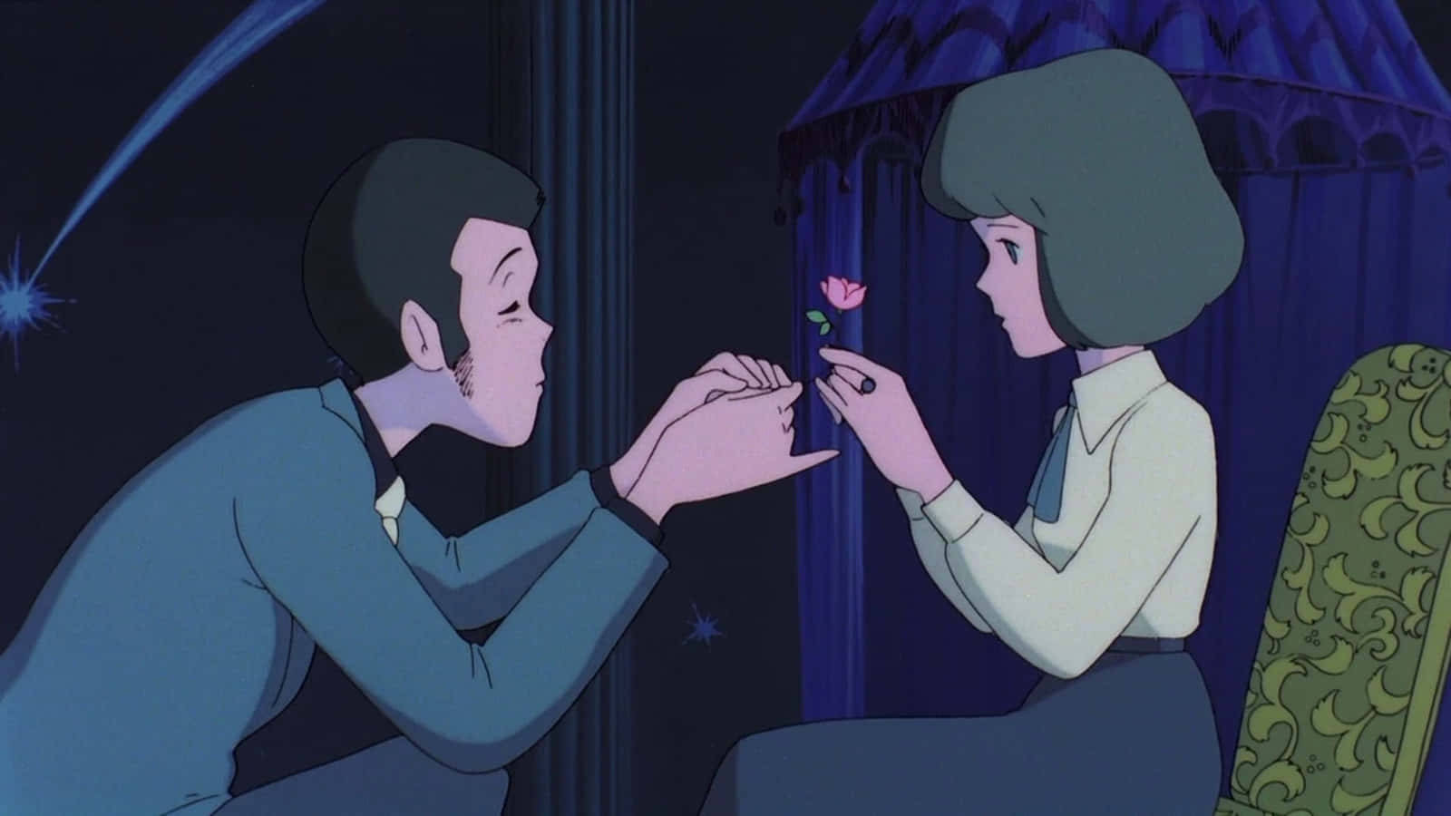 Lupin Iii The Castle Of Cagliostro 桌布 壁紙 — 一個男人跪著向坐在藍色天篷下的女士獻上一朵粉紅玫瑰，房間燈光昏暗，外面是星空之夜。
