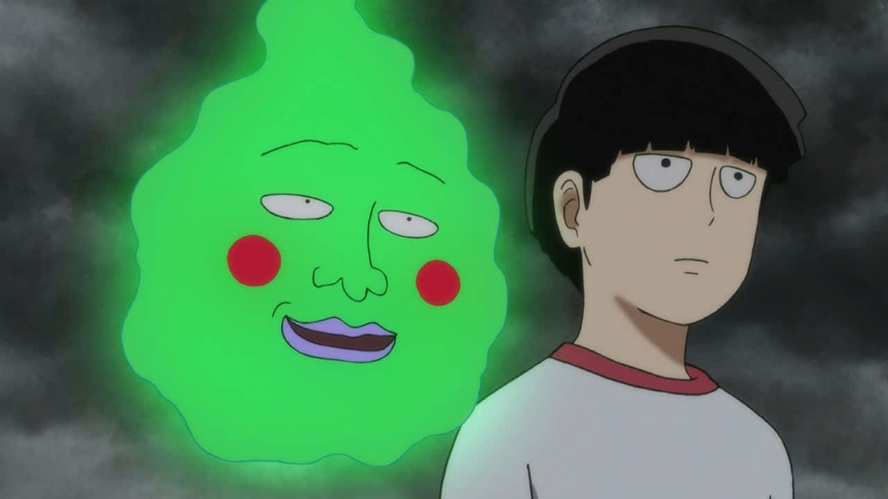 Mob Psycho 100 Ekubo 桌布 壁紙 — 一個男孩凝視著一個發光的綠色幽靈，臉頰紅潤，咧嘴大笑，背景是黑暗的暴風雨天空。