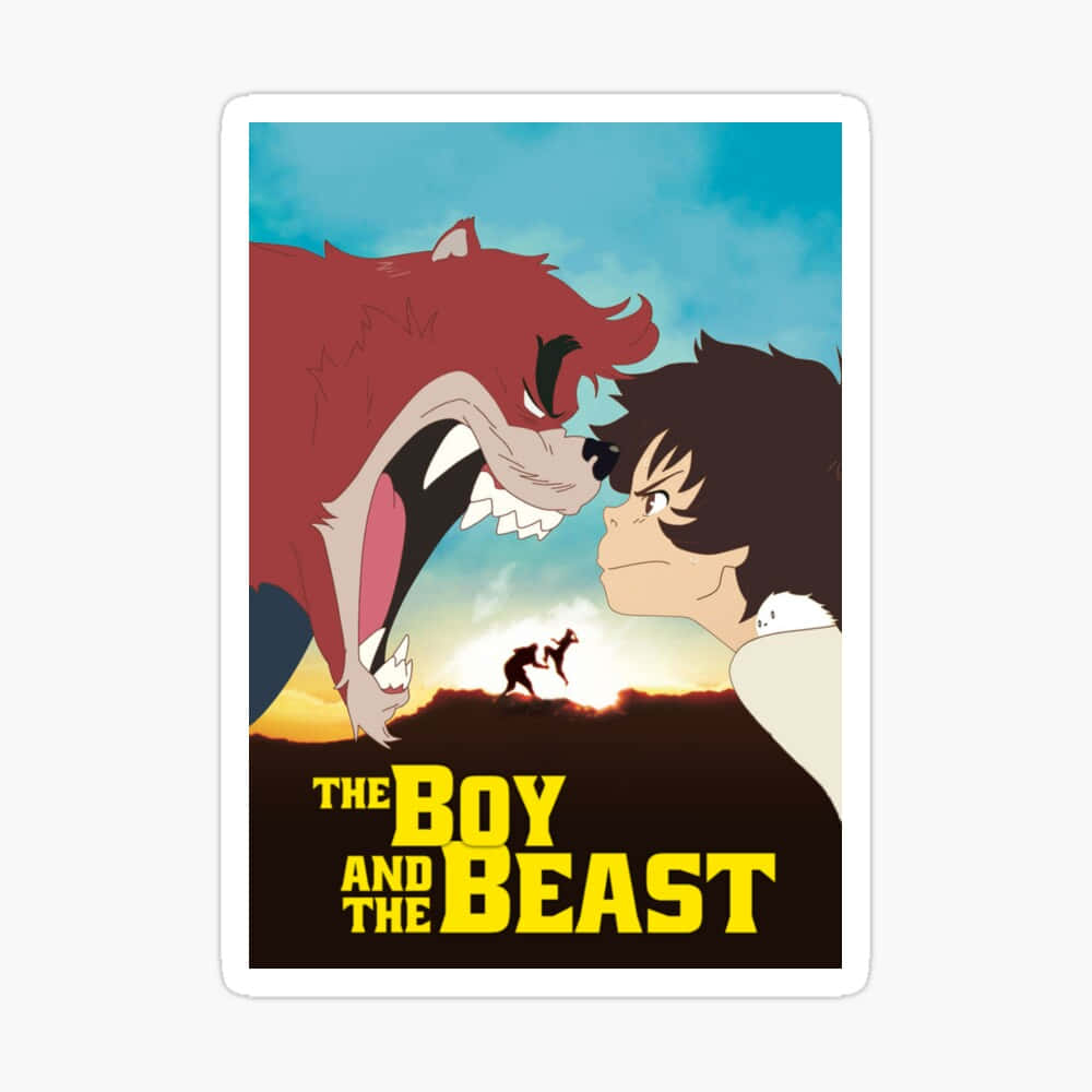 The Boy And The Beast 桌布 壁紙 — 一個男孩和一隻紅色野獸在日落天空下對峙，遠處有兩個身影的剪影。