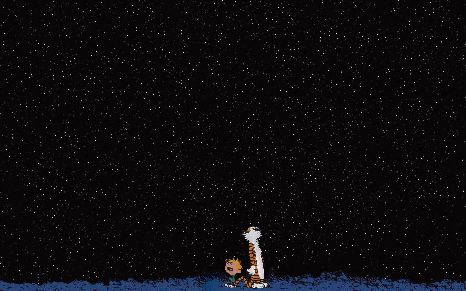卡爾文和霍布斯從雪地上仰望星空夜空。