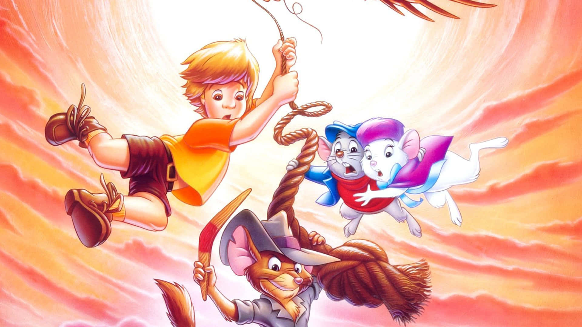 The Rescuers Down Under 桌布 壁紙 — 一個男孩和兩隻老鼠在充滿活力的日落天空中翱翔，同時抓住一根繩子，下面有一隻狐狸將他們向上拉。