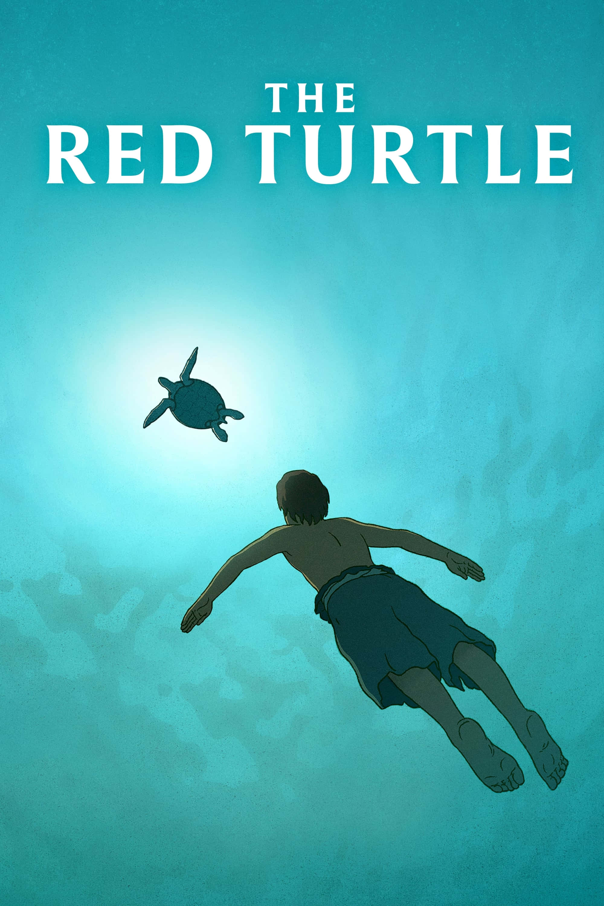 The Red Turtle 桌布 壁紙 — 一個男孩在水底游向一隻沐浴在陽光穿透碧綠海水中的海龜。