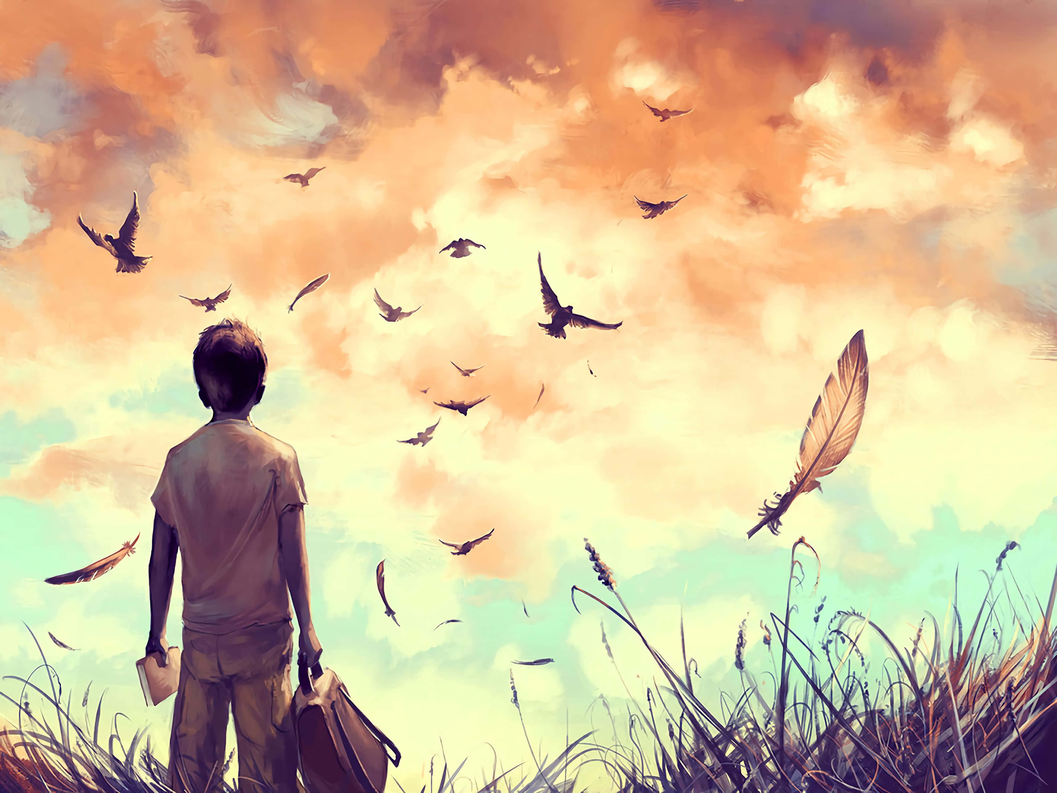 Freedom 桌布 壁紙 — 一個男孩站在高高的草叢中，凝視著鳥兒和飄落的羽毛，背景是溫暖的日落天空。
