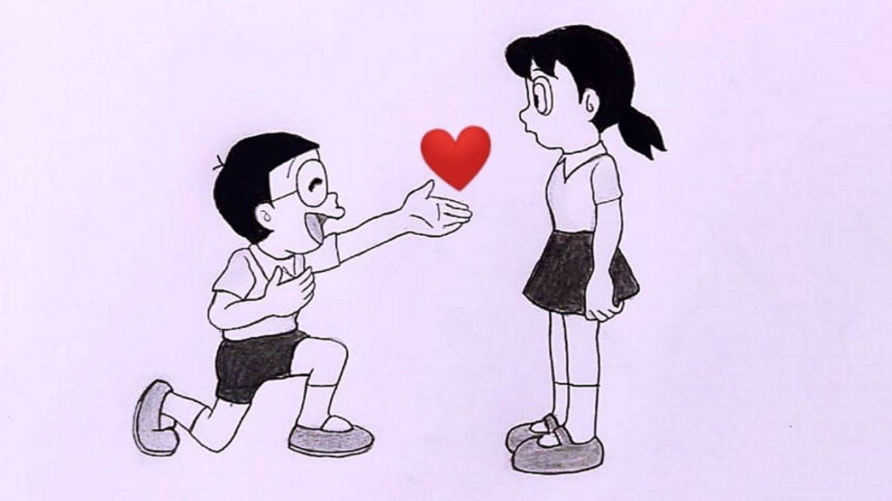 nobita shizuka love 桌布 壁紙 — 一個男孩跪著向一個女孩獻上紅心，背景是柔和的紫色，簡單的動漫風格繪畫。