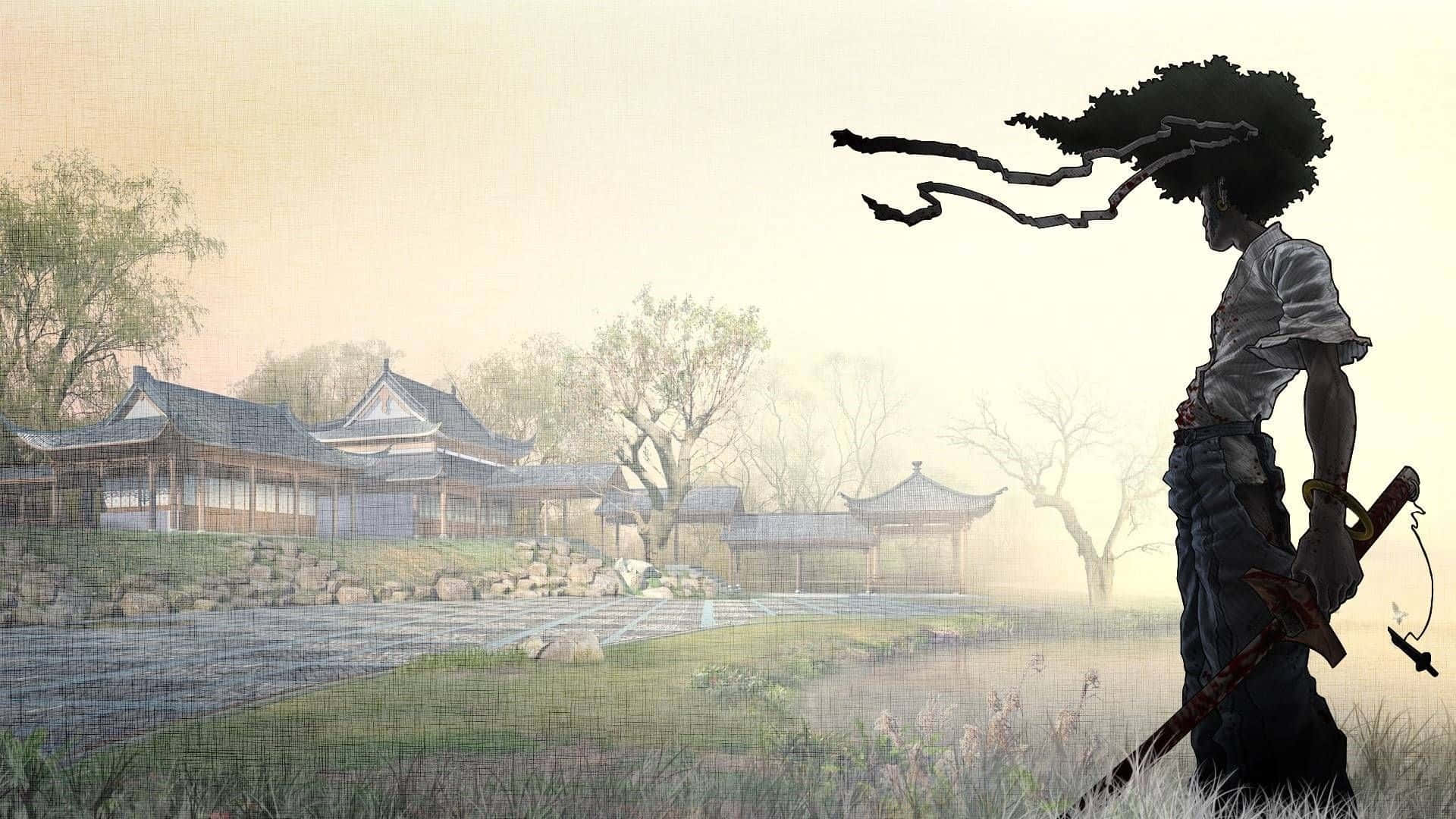 武士 桌布 壁紙 — 一個留著爆炸頭的孤獨戰士站在霧氣瀰漫的草地上，手持劍面向傳統東亞建築。