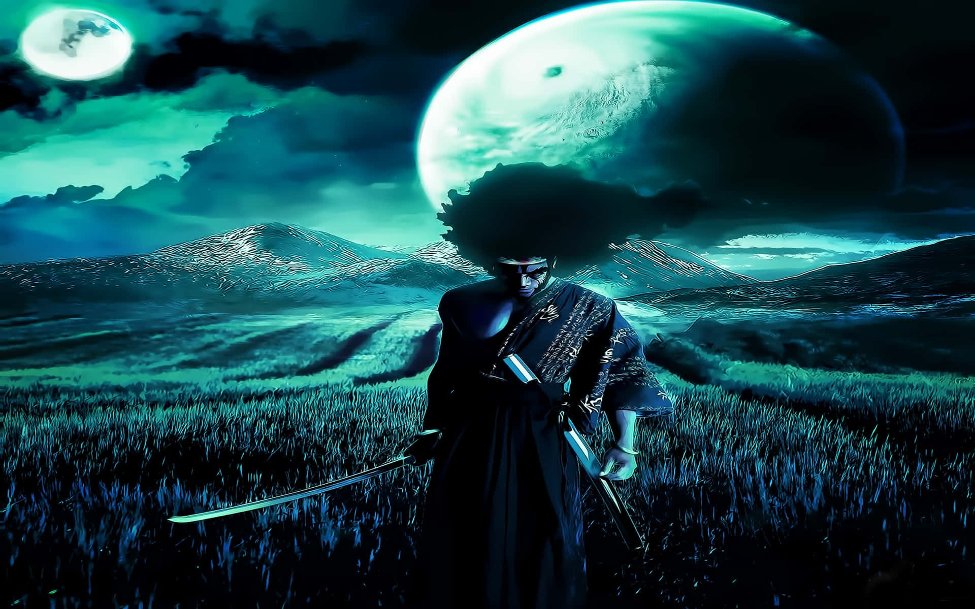 Afro Samurai 桌布 壁紙 — 一個留著爆炸頭的孤獨武士站在田野中，手持兩把刀，背景是超現實的青色天空，掛著巨大的月亮。