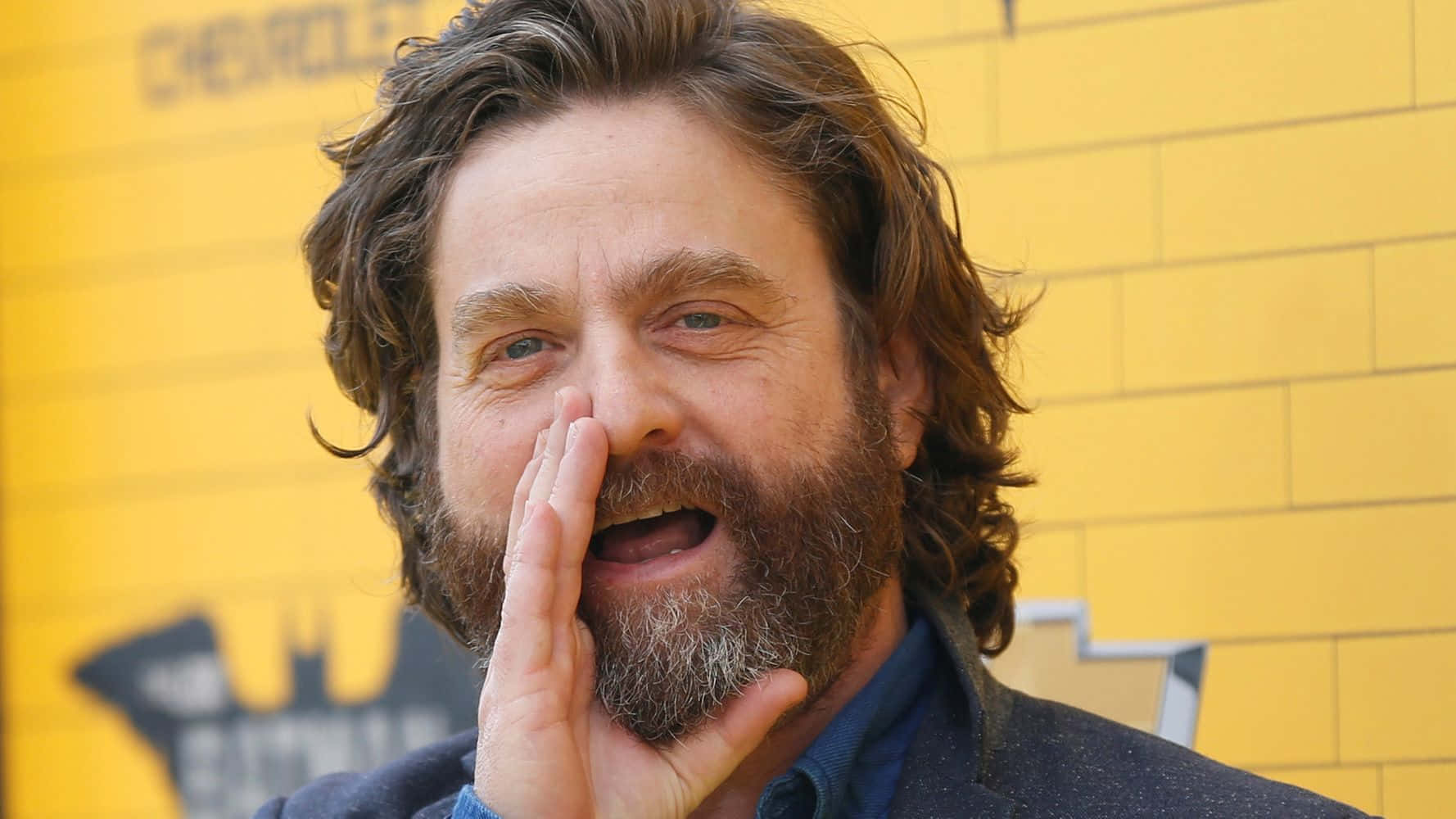 Zach Galifianakis 桌布 壁紙 — 一個留鬍子、頭髮蓬亂的男人，在明亮的黃色磚牆前頑皮地用手摀住嘴巴。