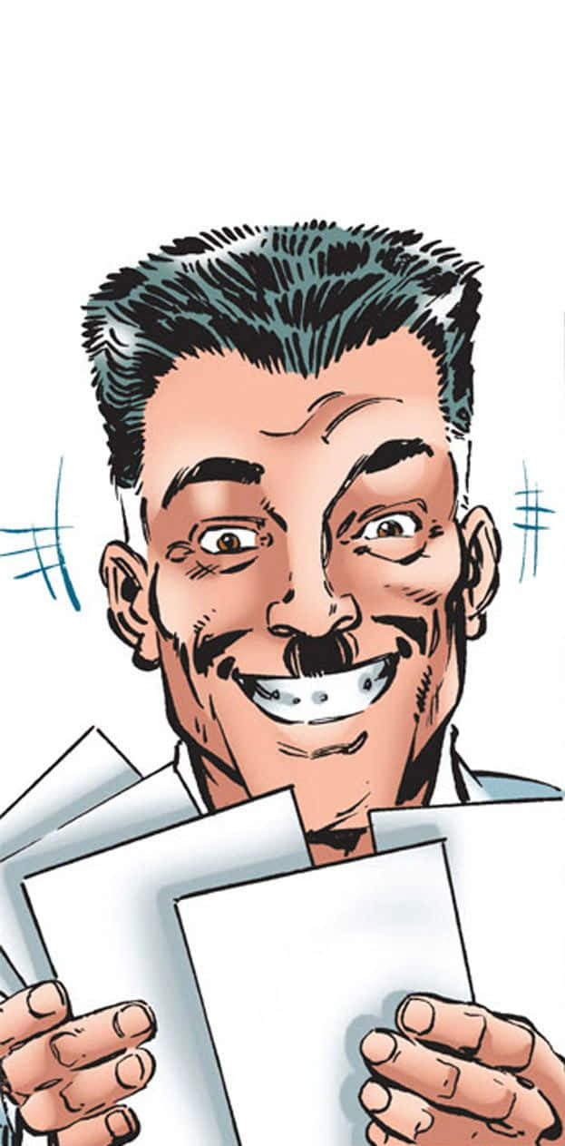 J Jonah Jameson 桌布 壁紙 — 一個留鬍子的卡通男人咧嘴大笑，同時拿著頭部周圍有藍色塗鴉的紙張。