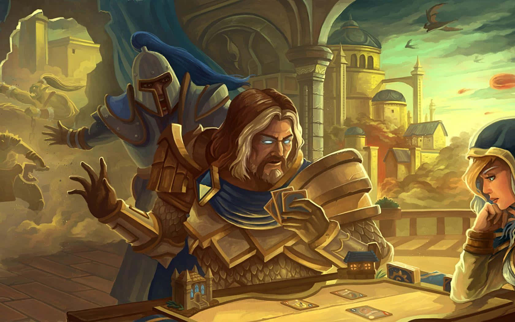 Hearthstone 桌布 壁紙 — 一個留鬍子的戰士穿著金色盔甲，在風暴天空下以破敗的幻想城市為背景，與一個戴兜帽的女人玩紙牌。