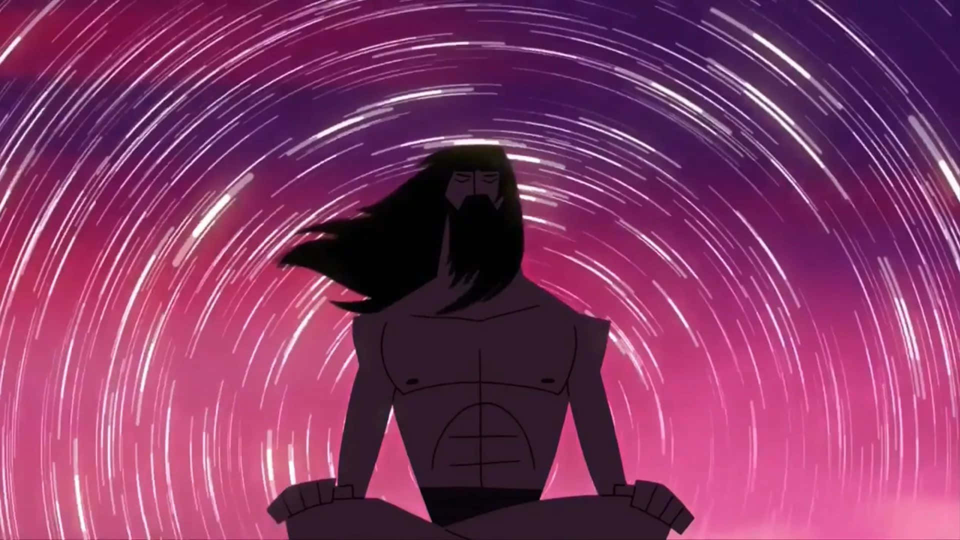 samurai jack 桌布 壁紙 — 一個留鬍子的男人以剪影形式冥想，背景是粉紅色和紫色光條旋轉的宇宙漩渦。