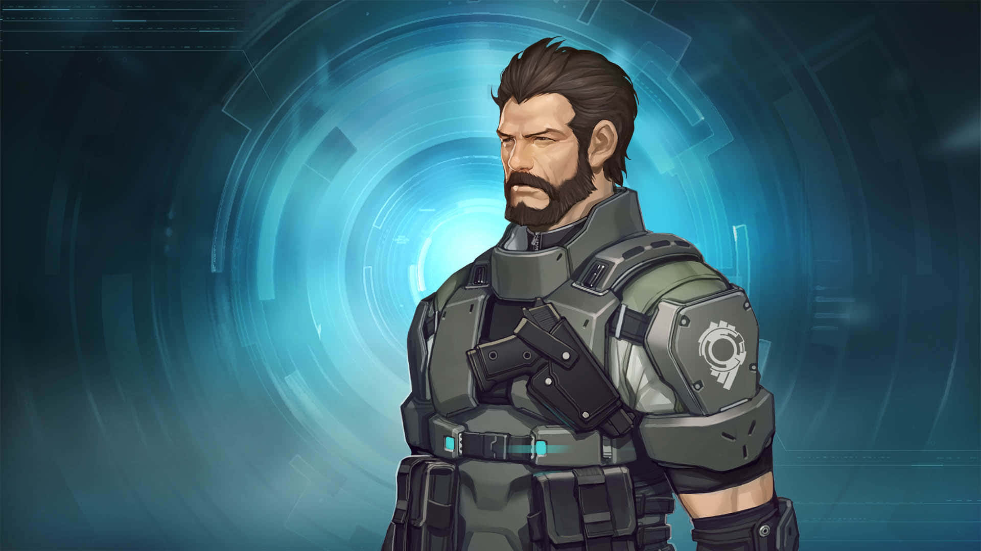 Ghost In The Shell Ishikawa 桌布 壁紙 — 一個留鬍子的男人穿著未來風格的盔甲，站在發光的藍色圓形科技傳送門背景前。