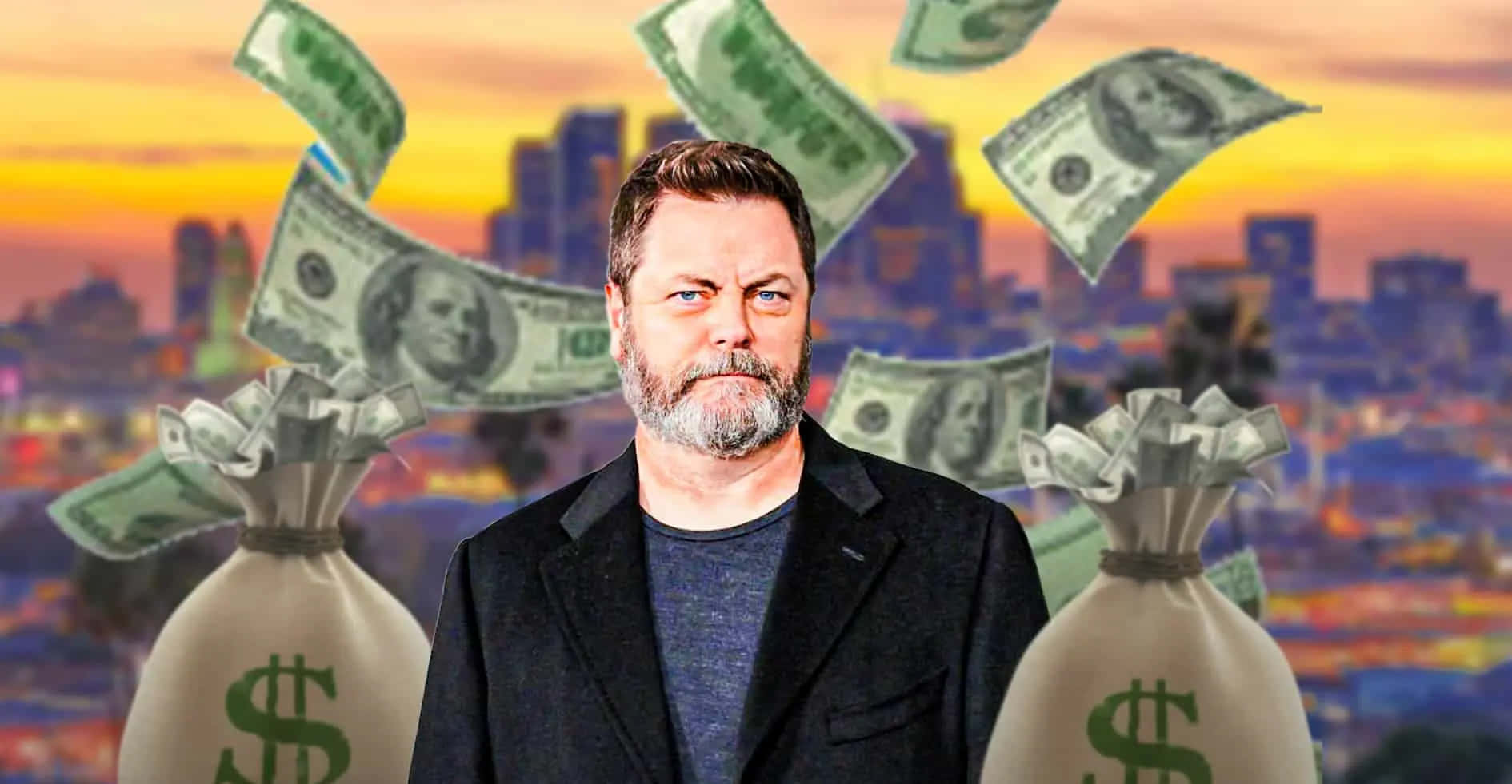 nick offerman 桌布 壁紙 — 一個留鬍子的男人自信地站著，美元鈔票和錢袋如雨般落下，背景是日落時分充滿活力的城市天際線。