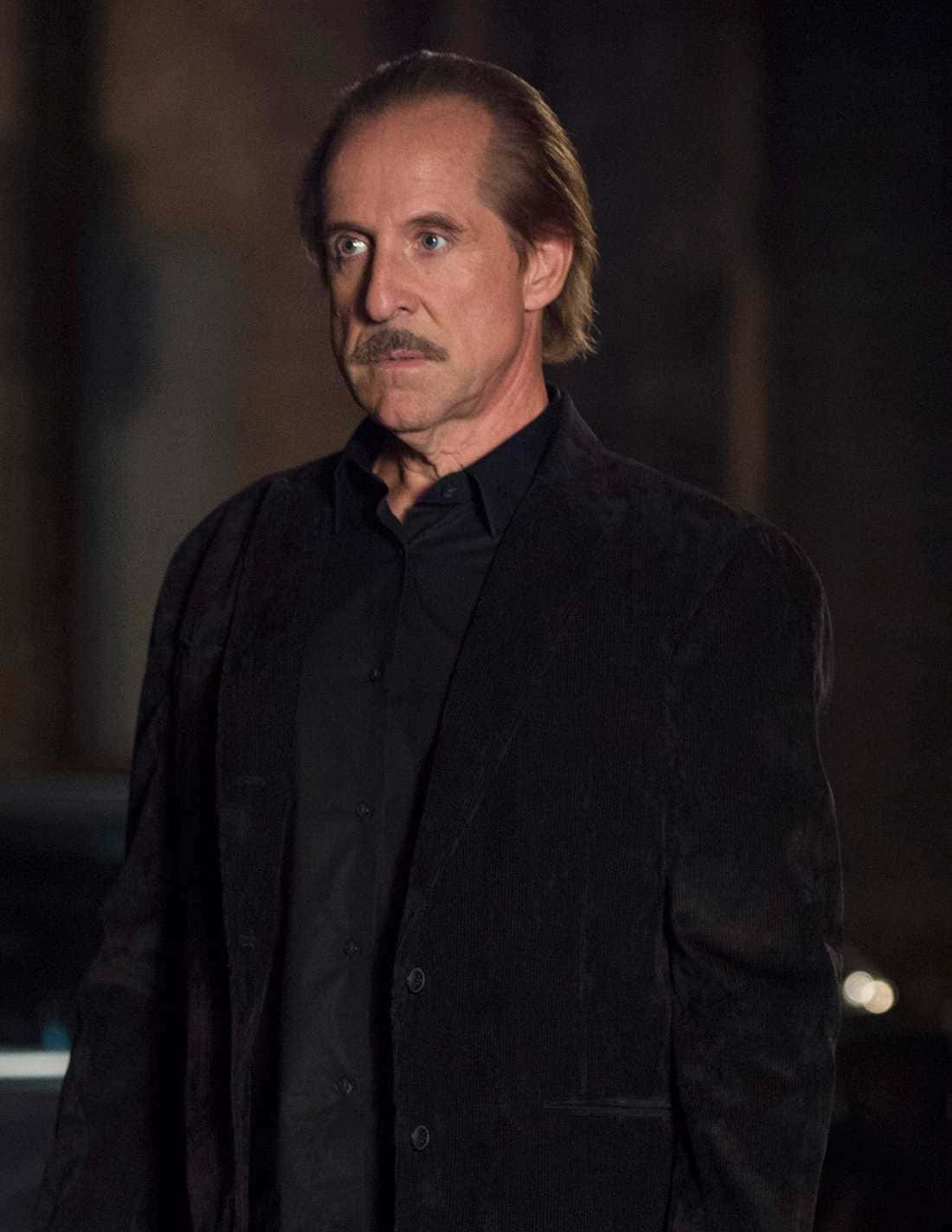 Peter Stormare 桌布 壁紙 — 一個留鬍鬚的男人穿著深色外套，站在昏暗的城市夜景中，身後有模糊的燈光。