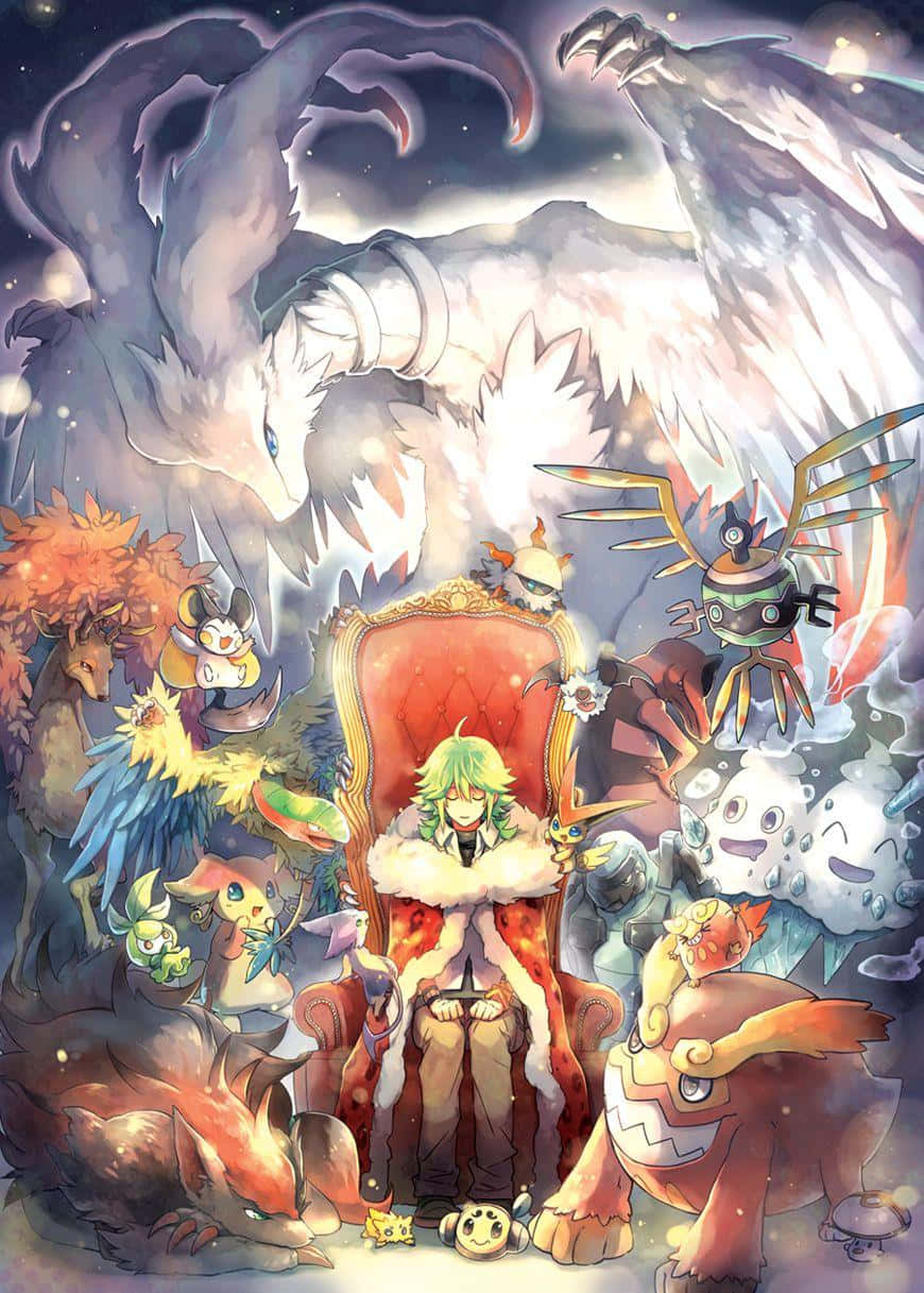 遊戲 桌布 壁紙 — 一個異想天開的動漫場景，描繪一位綠髮角色坐在王座上，周圍環繞著各種寶可夢，背景是星空。