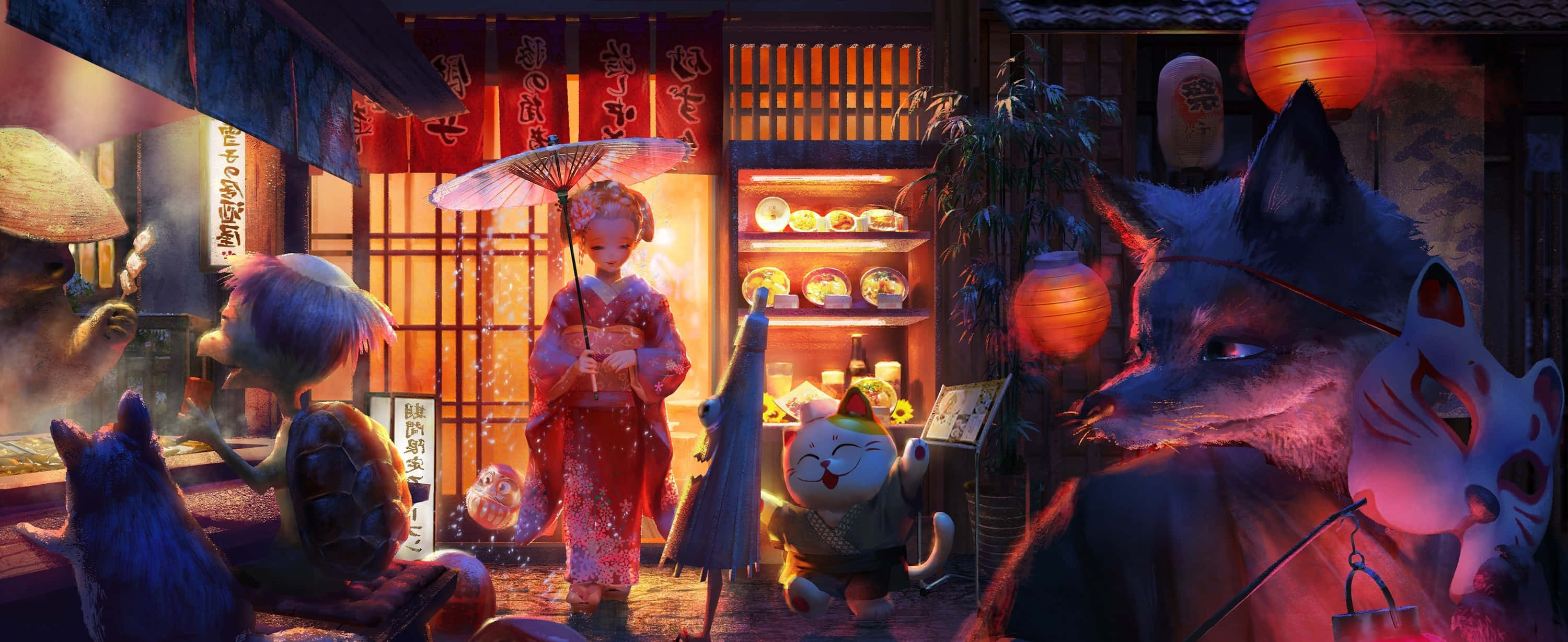Yokai 桌布 壁紙 — 一個異想天開的動漫場景，描繪了狐狸精靈和貓咪般的生物，在夜晚溫暖燈光照耀的日本街道上，掛著燈籠和傳統建築。