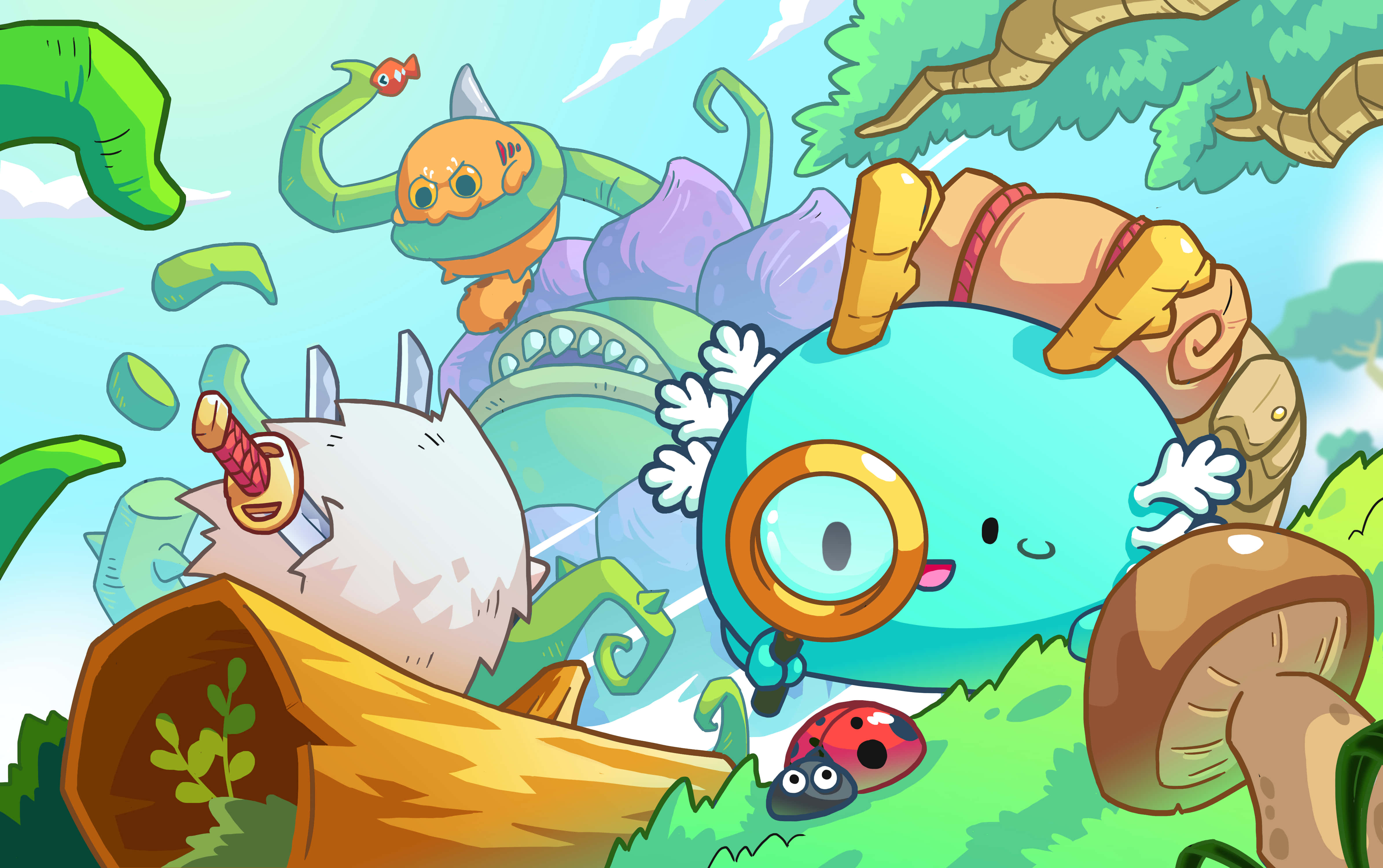 Axie 桌布 壁紙 — 一個異想天開的卡通場景，有一隻藍色獨眼生物、一隻持劍的白貓和一隻瓢蟲，在充滿活力的森林中。