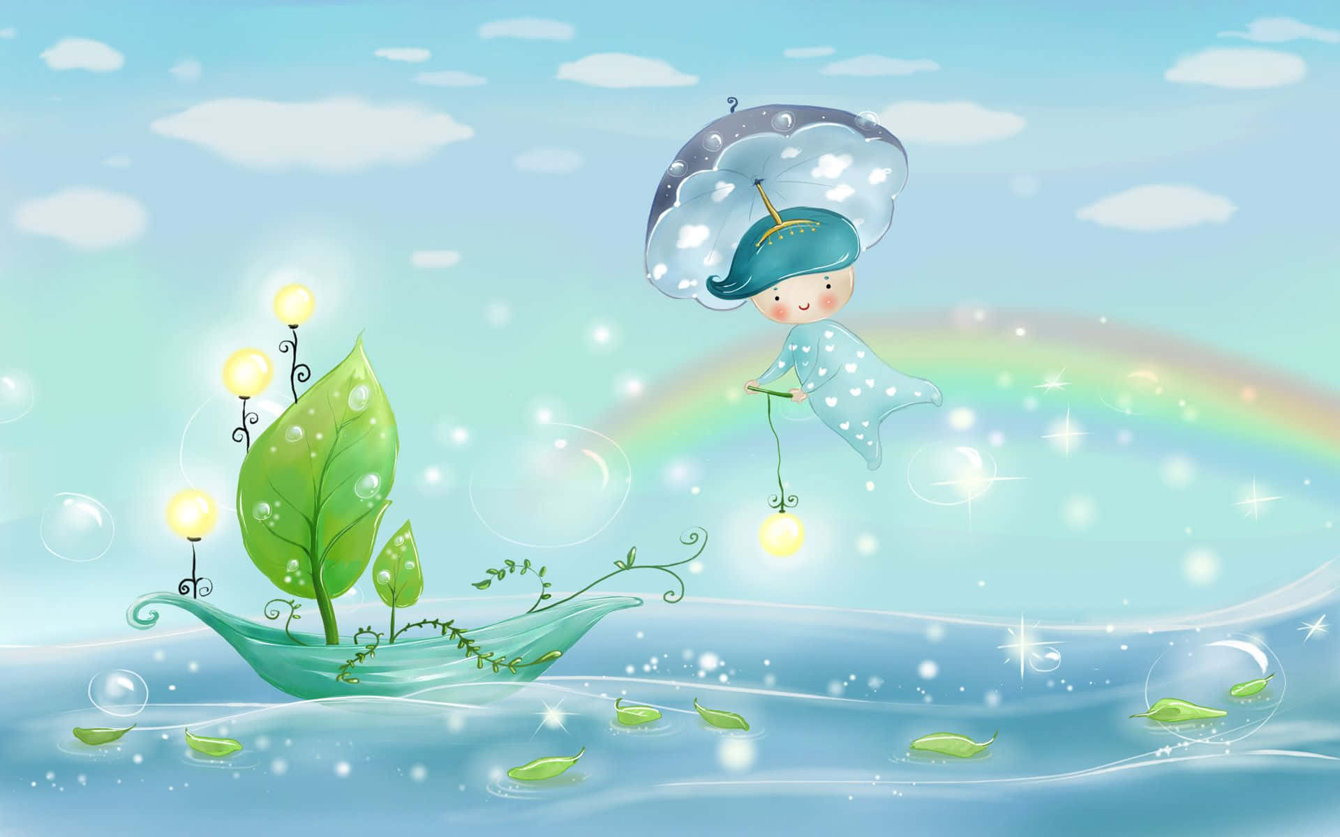 Cute Animations 桌布 壁紙 — 一個異想天開的卡通小孩撐著雨傘，漂浮在閃爍天空下彩虹下的葉子船上。