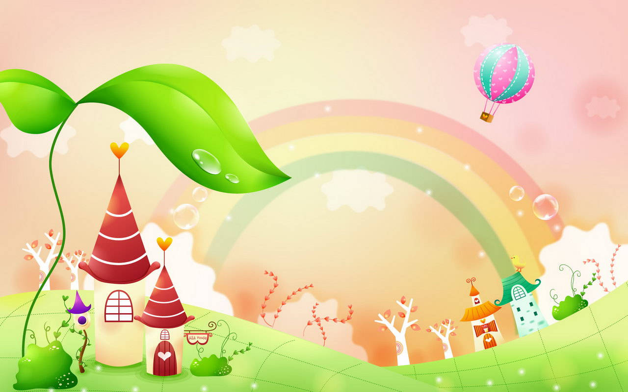 Clipart 桌布 壁紙 — 一個異想天開的卡通景觀，彩虹下有糖果色的房屋，上方漂浮著熱氣球。