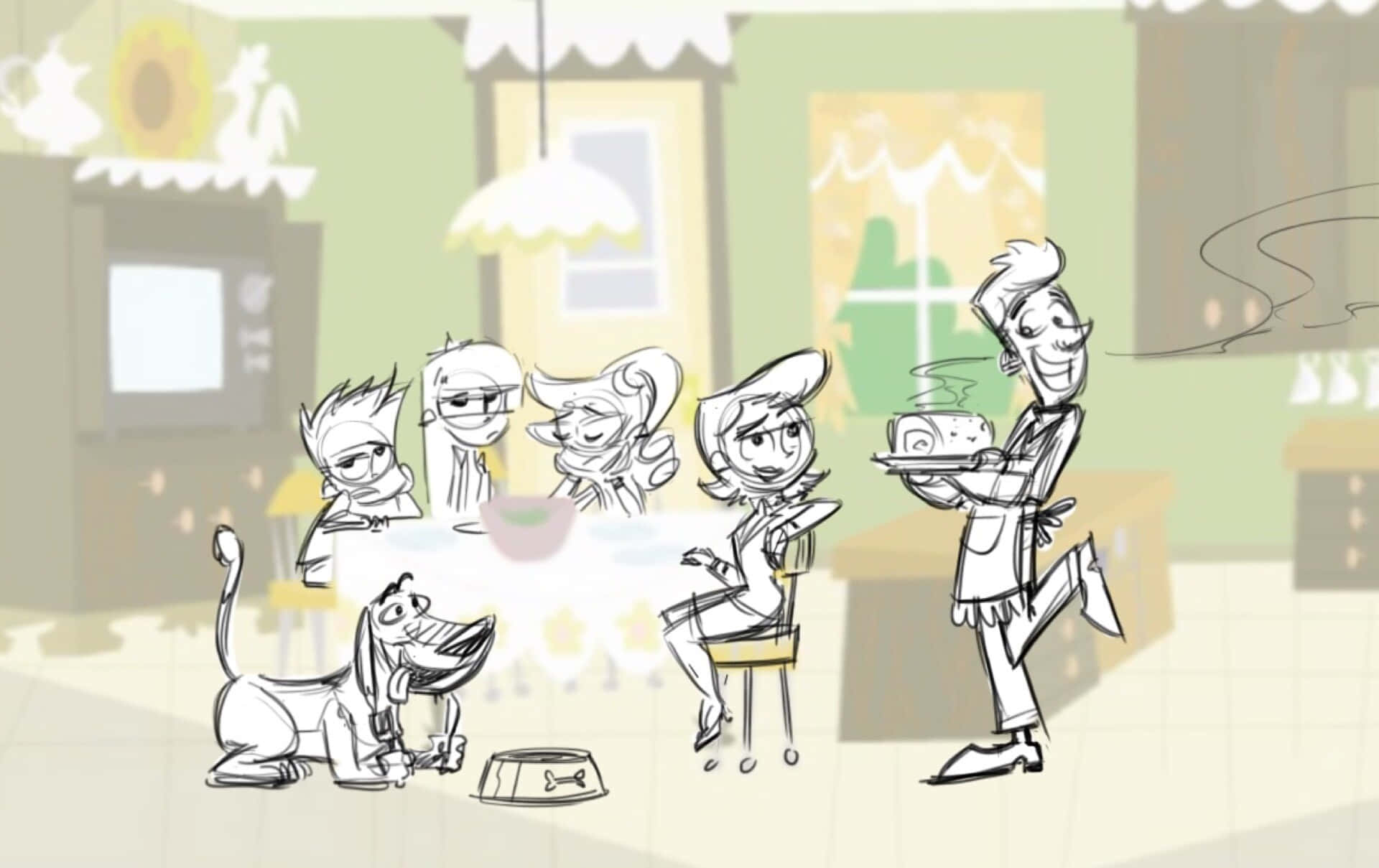 Johnny Test 桌布 壁紙 — 一個異想天開的卡通素描，描繪一家人和一隻狗在舒適的咖啡館用餐，侍應正在上蛋糕。