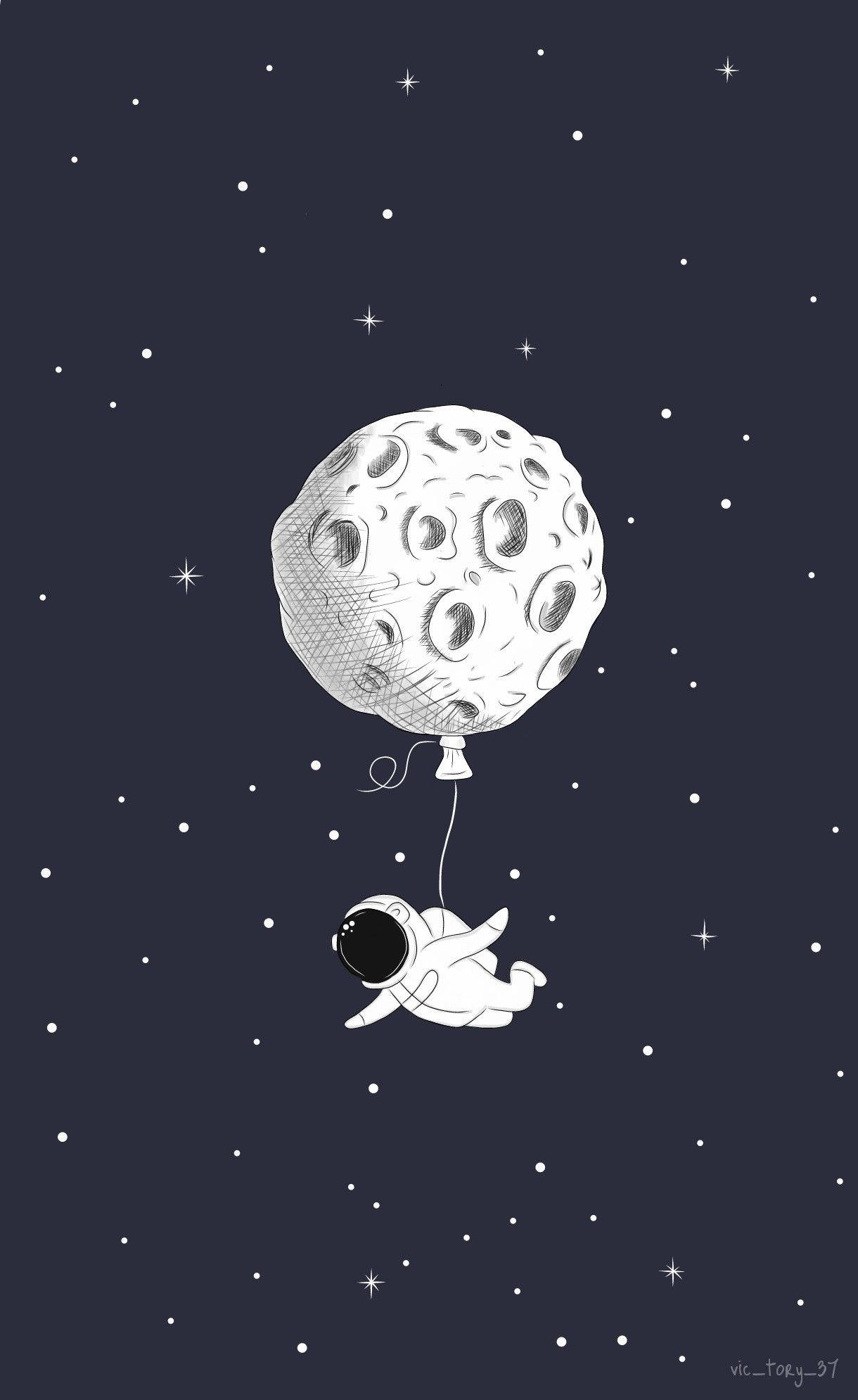 太空人 桌布 壁紙 — 一個異想天開的太空人漂浮在星空下，繫著一個精細的月亮氣球。