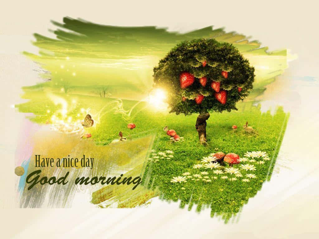 Good Morning 桌布 壁紙 — 一個異想天開的插圖場景，描繪了一棵長滿草莓的樹，位於陽光明媚的草地上，點綴著雛菊和蝴蝶。